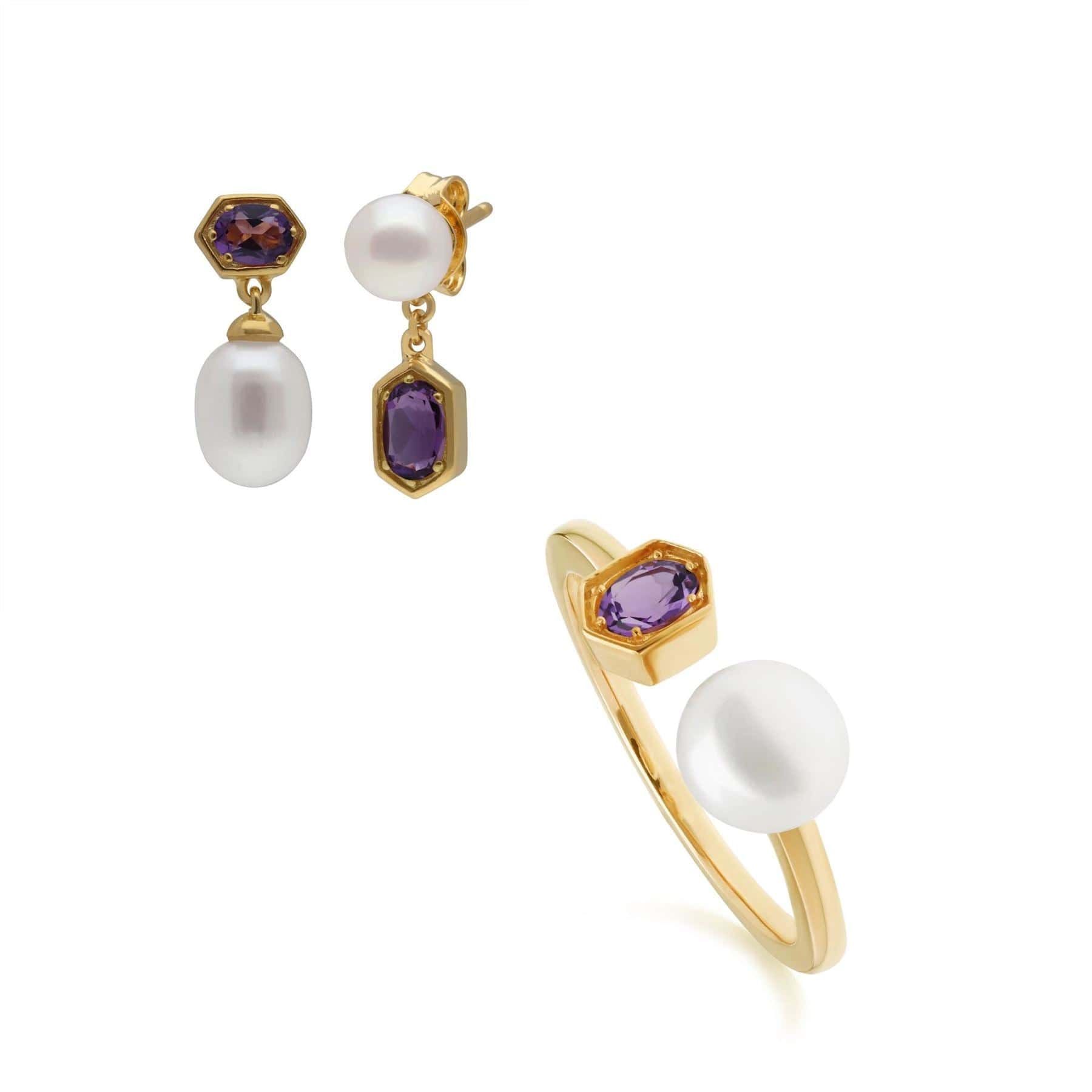 Modern Pearl & Amethyst Earring & Ring Set in Gold Plated Silver - Gemondo