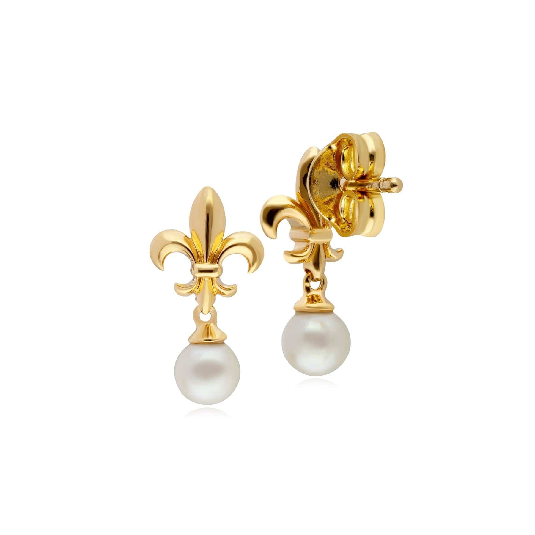 ECFEW™ Pearl Fleur De Lis Drop Earrings In 9ct Yellow Gold - Gemondo