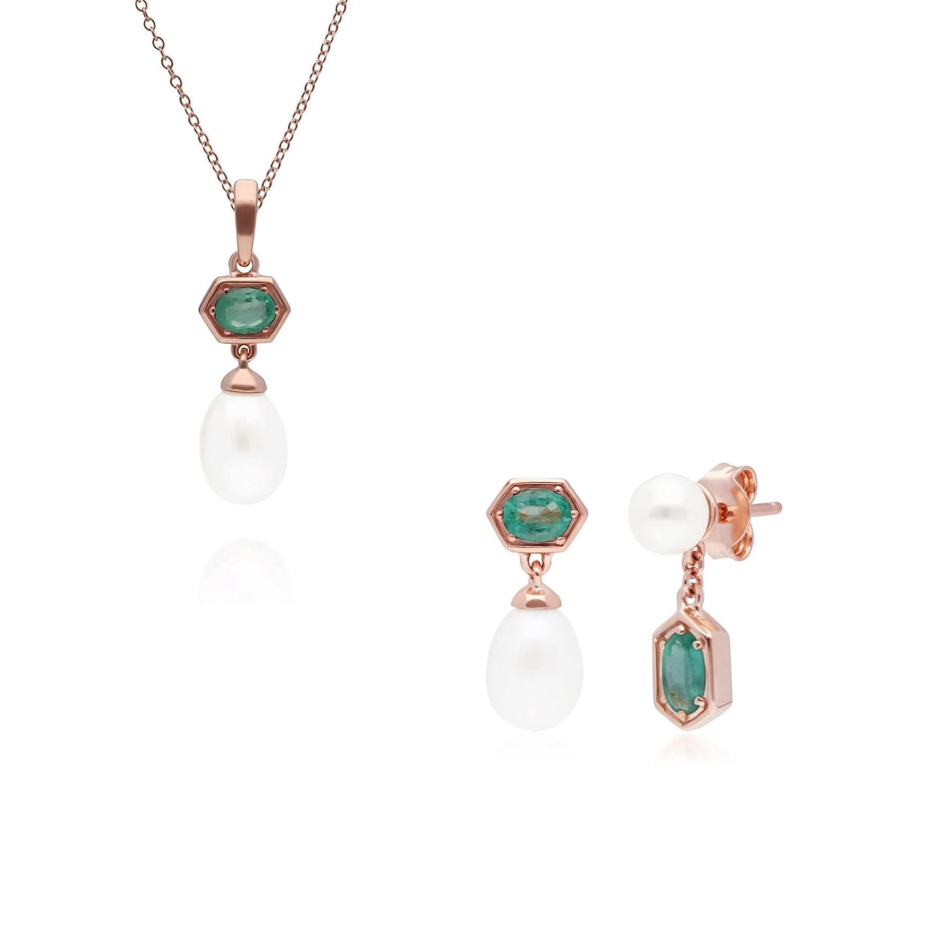Modern Pearl & Emerald Pendant & Earring Set in Rose Gold Plated Silver - Gemondo