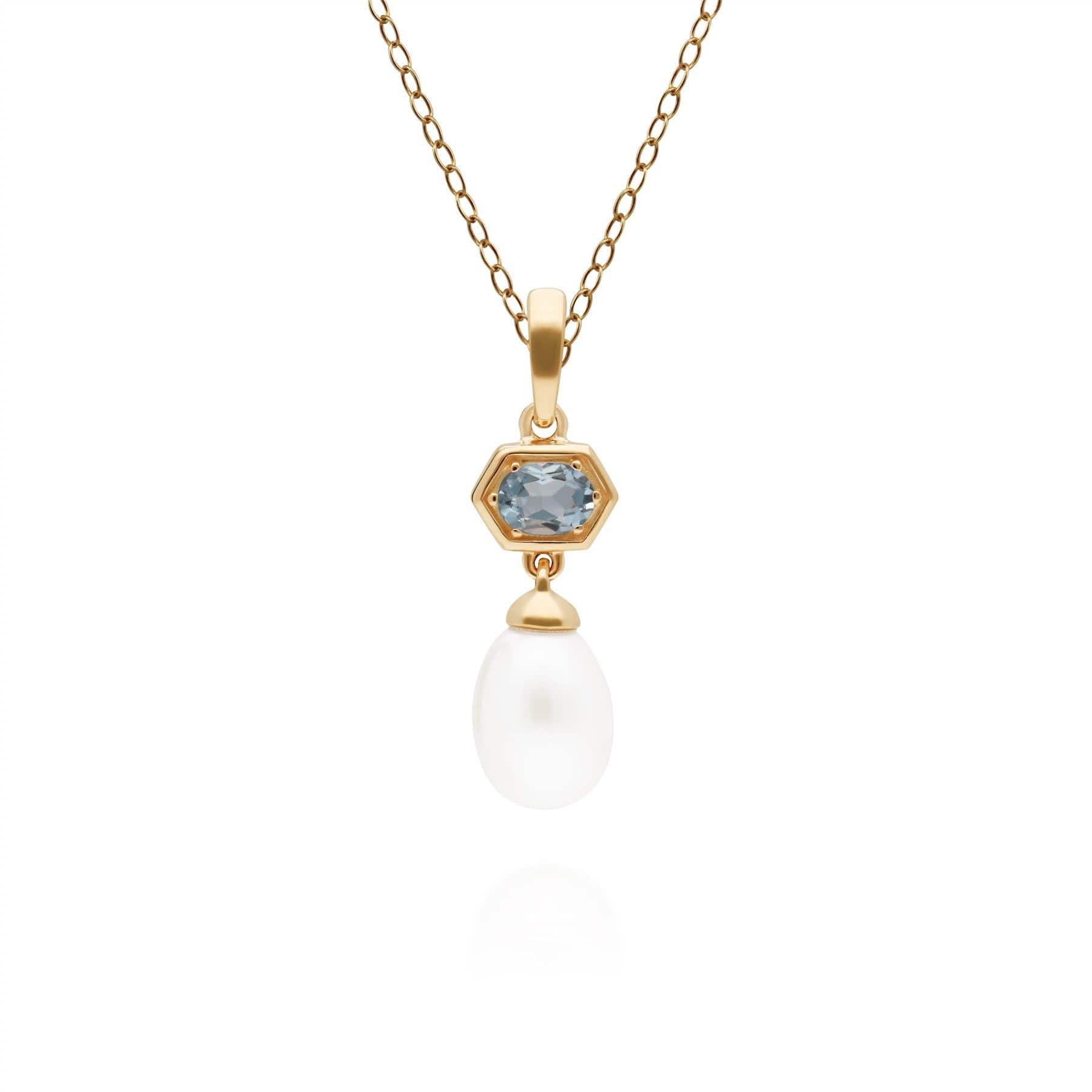 Modern Pearl & Aquamarine Hexagon Drop Pendant in Gold Plated Silver - Gemondo