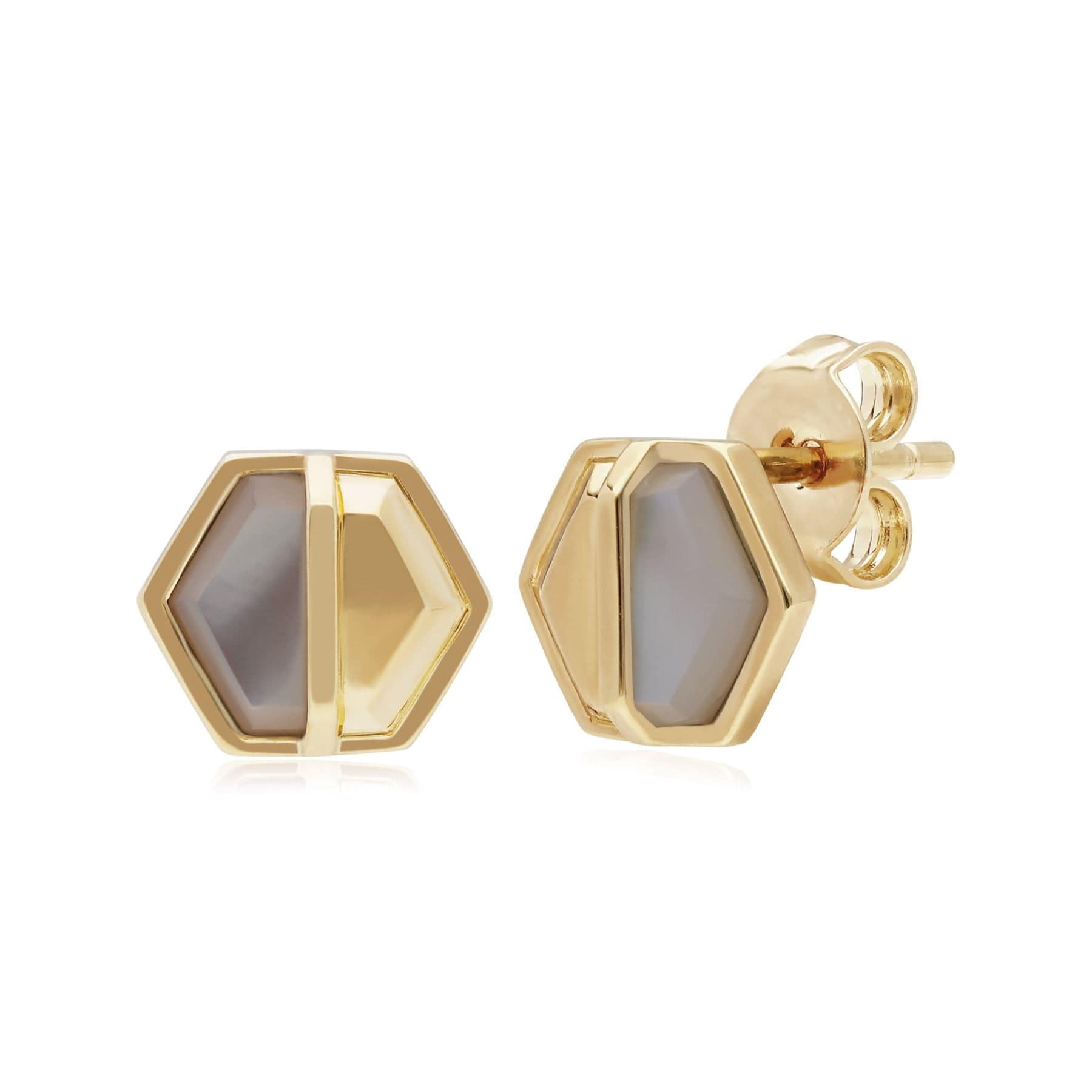 Micro Statement Mother of Pearl Hexagon Stud Earrings in Gold Plated 925 Sterling Silver
