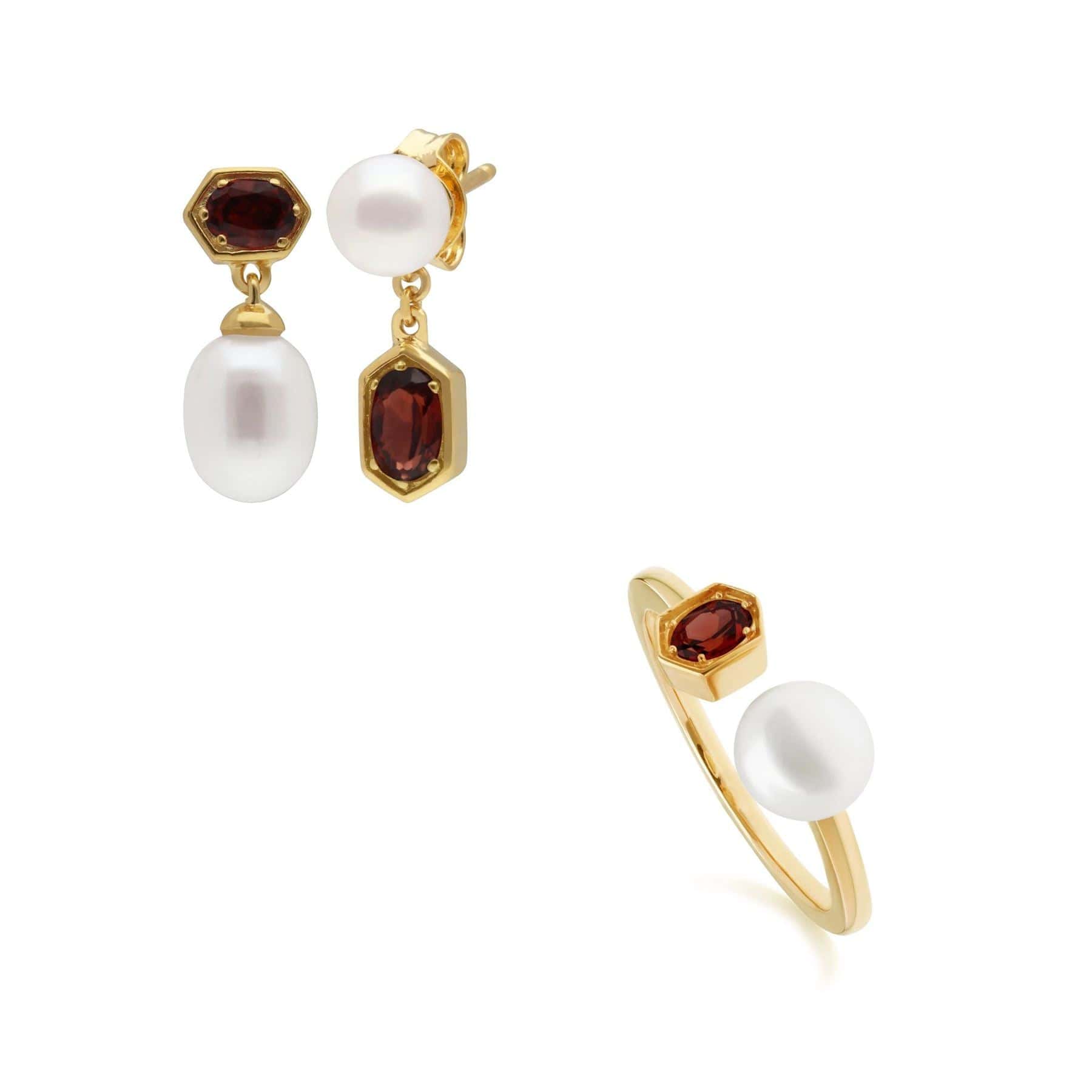 Modern Pearl & Garnet Earring & Ring Set in Gold Plated Silver - Gemondo