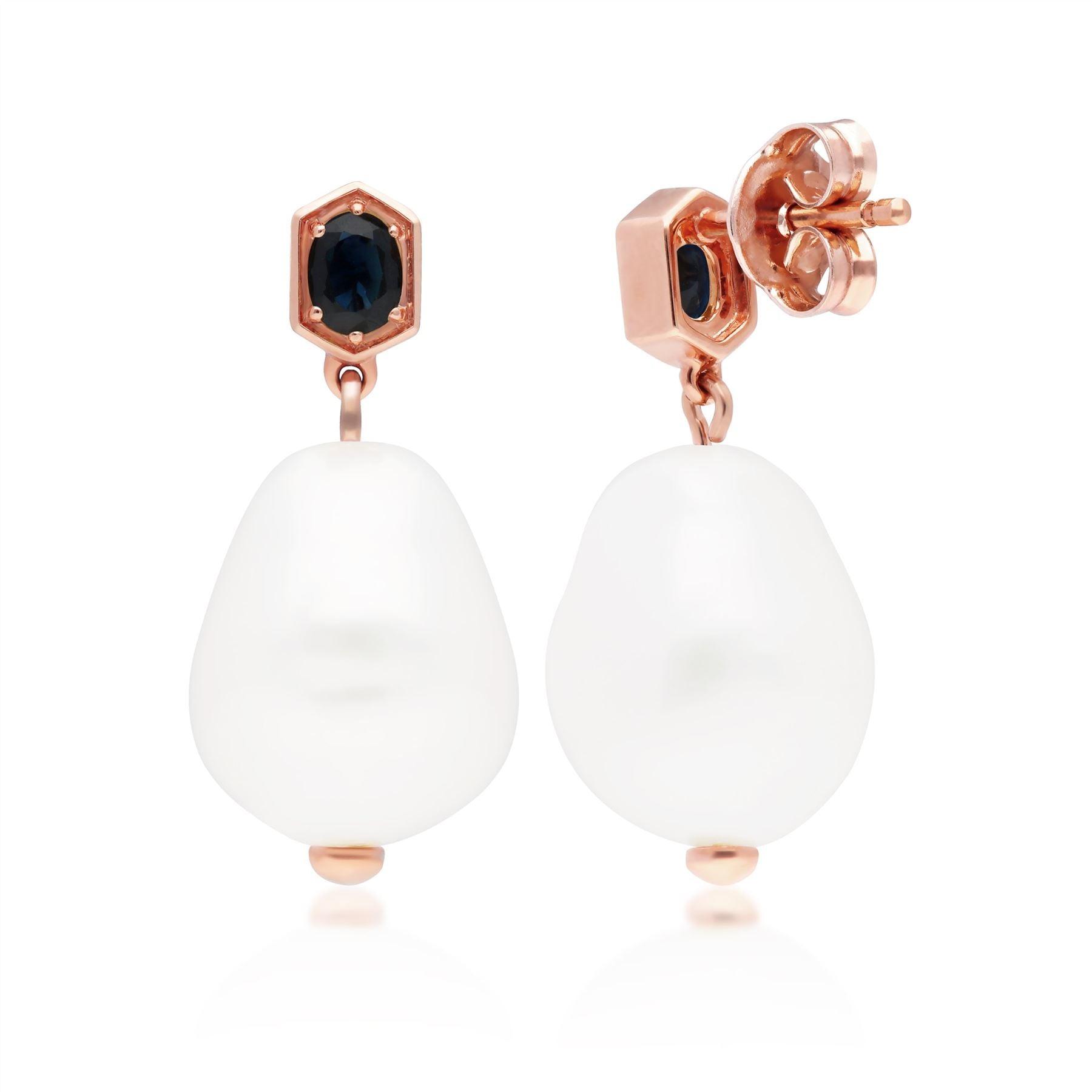 Modern Baroque Pearl & Sapphire Drop Earrings in Rose Gold Plated Sterling Silver