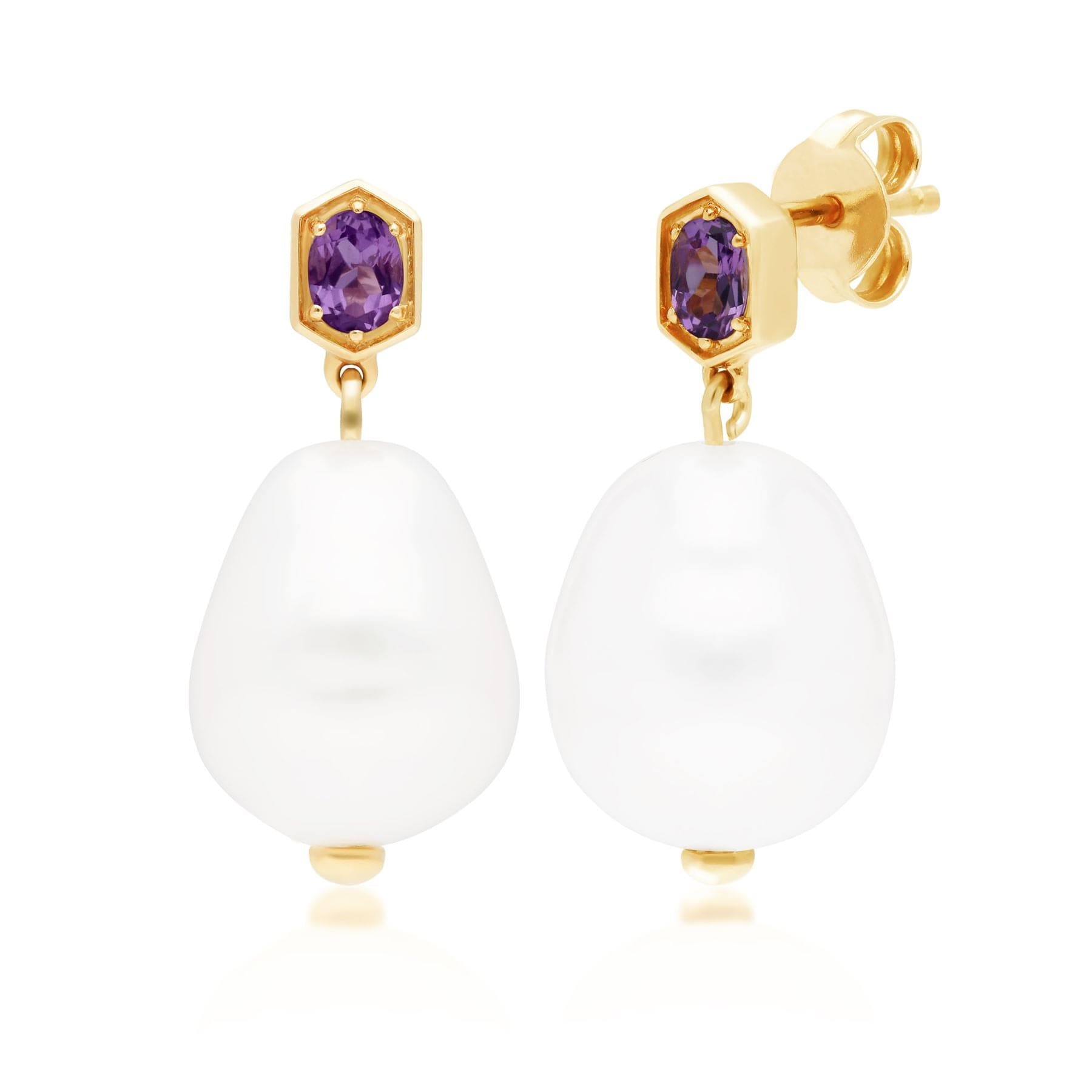 Modern Baroque Pearl & Amethyst Drop Earrings in Gold Plated Silver