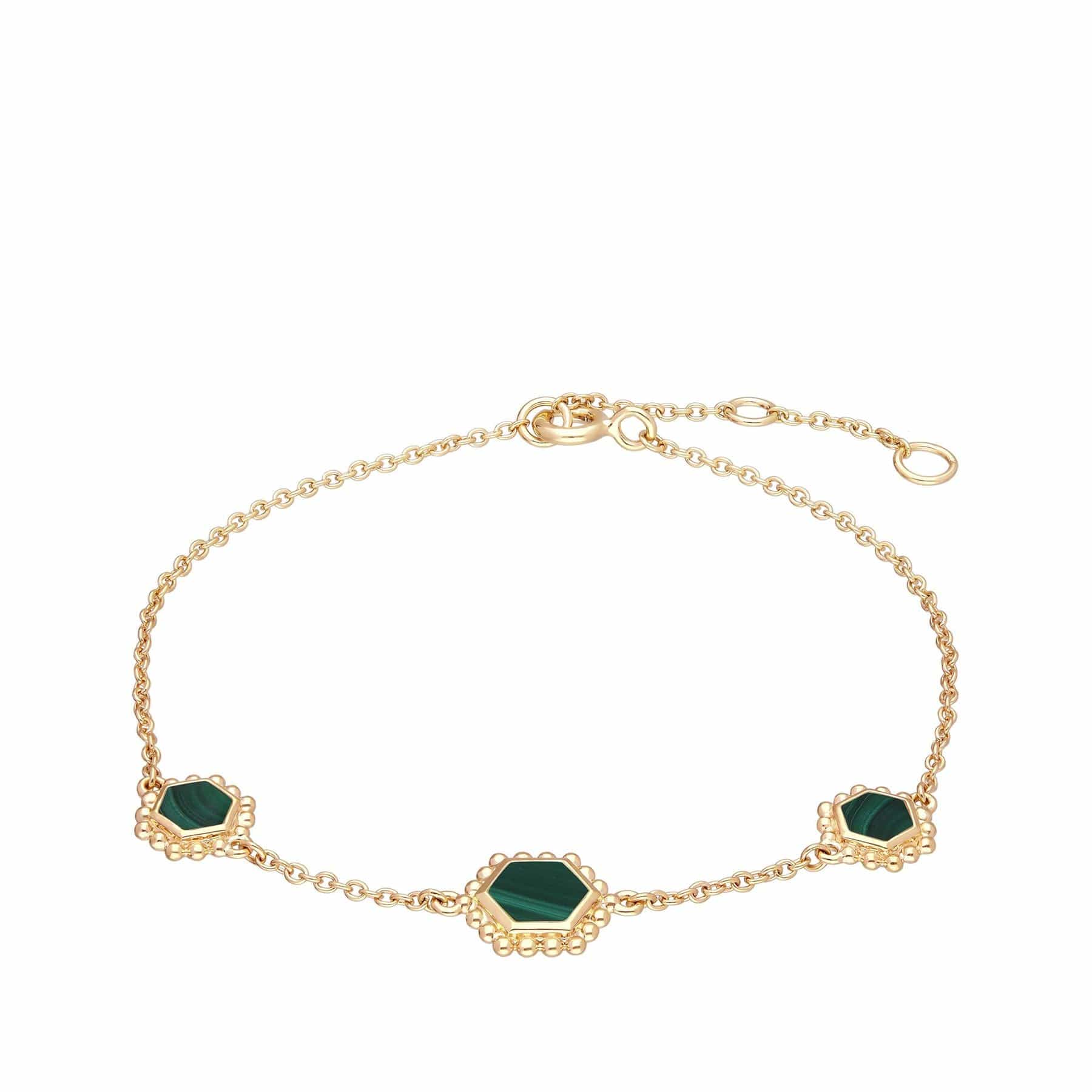 Malachite Flat Slice Hex Chain Bracelet in Gold Plated Sterling Silver