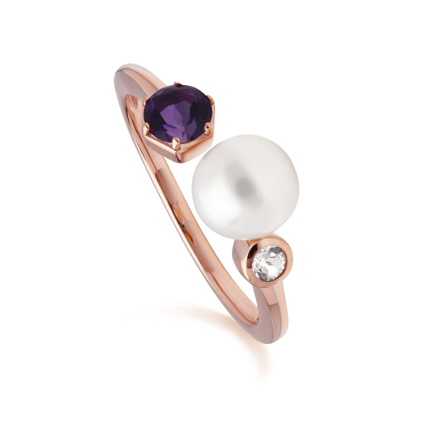 Modern Pearl, Amethyst & Topaz Open Ring in Rose Gold Plated Silver - Gemondo
