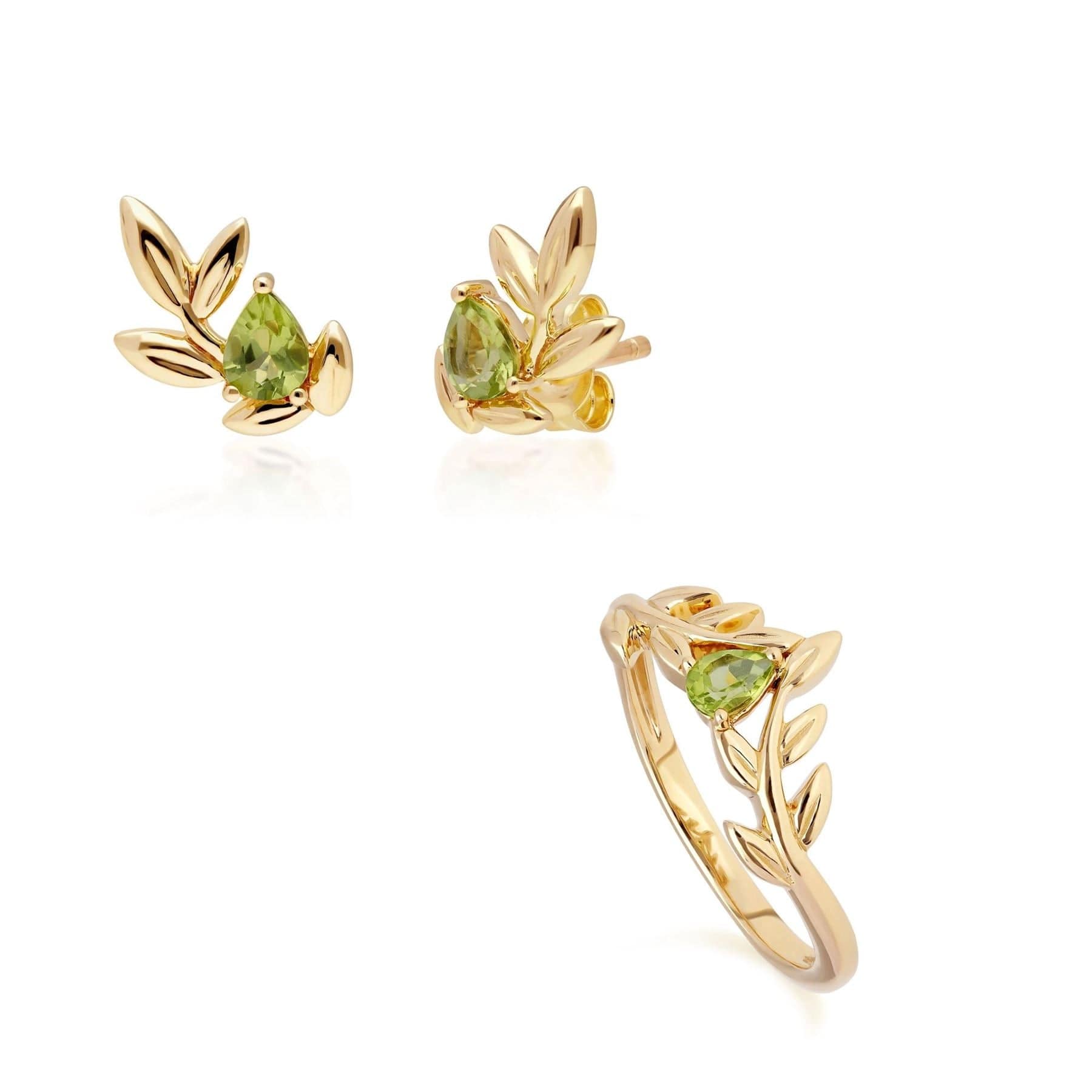135E1674019-135R1914019 O Leaf Peridot Stud Earring & Ring Set in 9ct Yellow Gold 1
