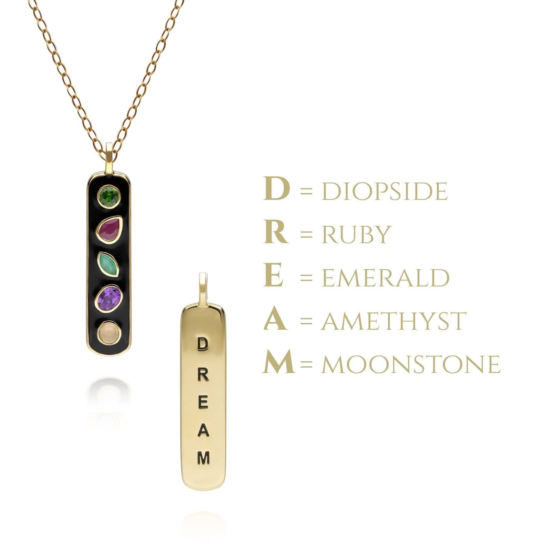 Gemondo Coded Whispers Black Enamel 'Dream' Acrostic Gemstone Pendant In Matt Gold Plated Silver