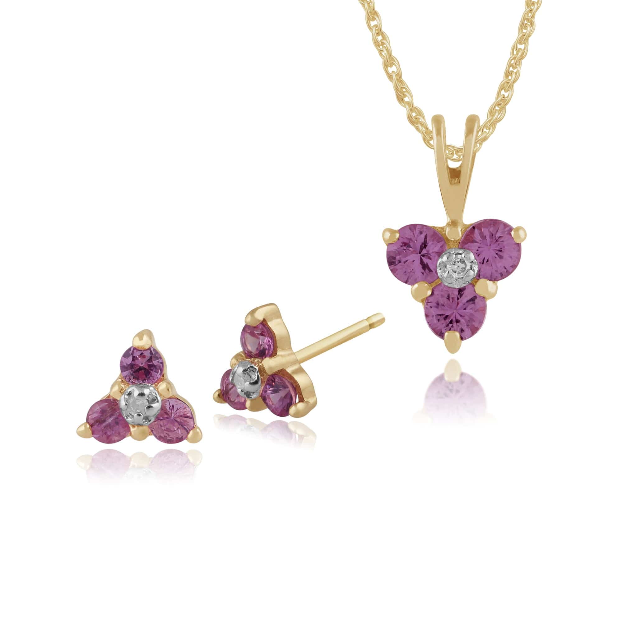 Floral Pink Sapphire & Diamond Stud Earrings & Pendant Set Image 1