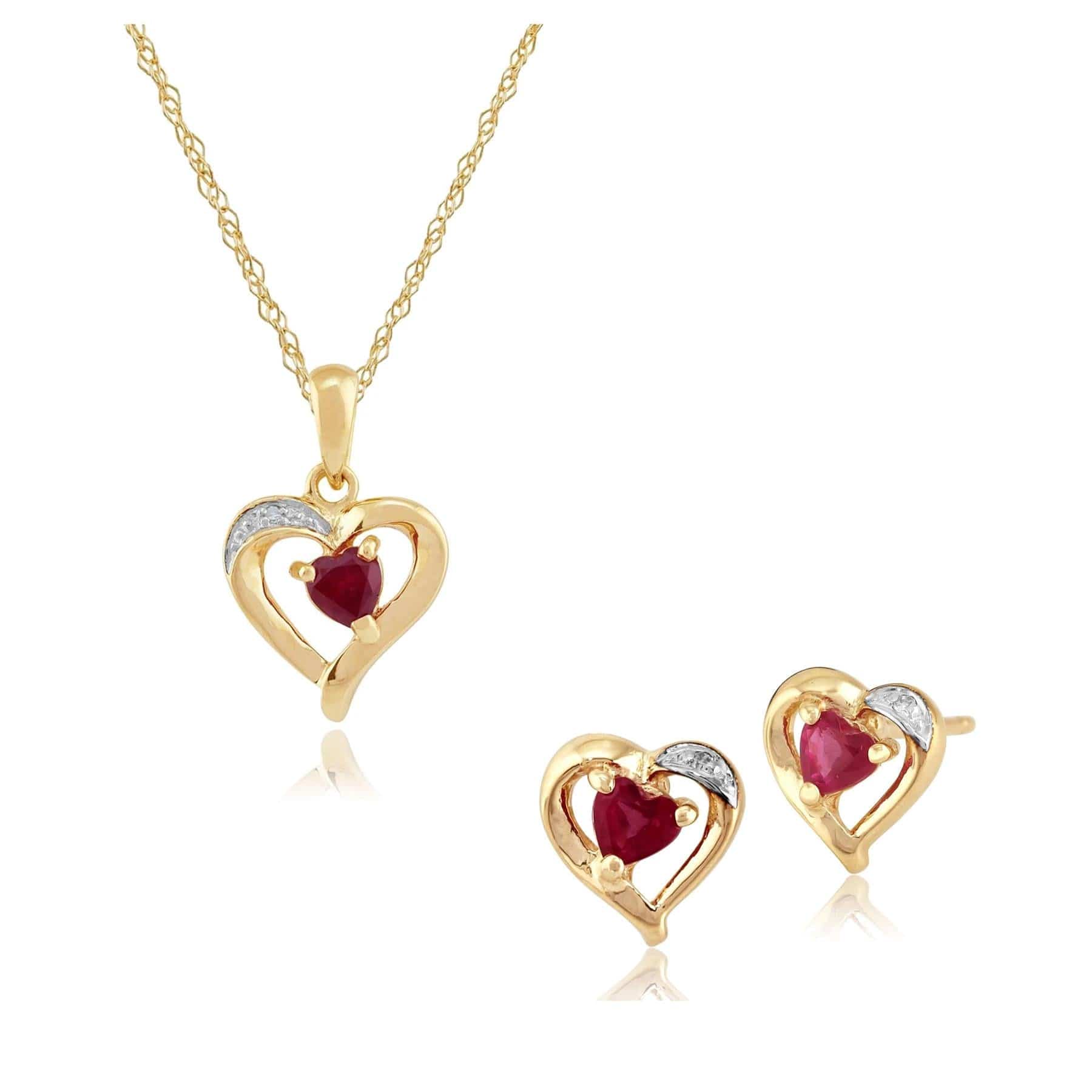 Classic Heart Ruby & Diamond Heart Stud Earrings & Pendant Set in 9ct Gold - Gemondo