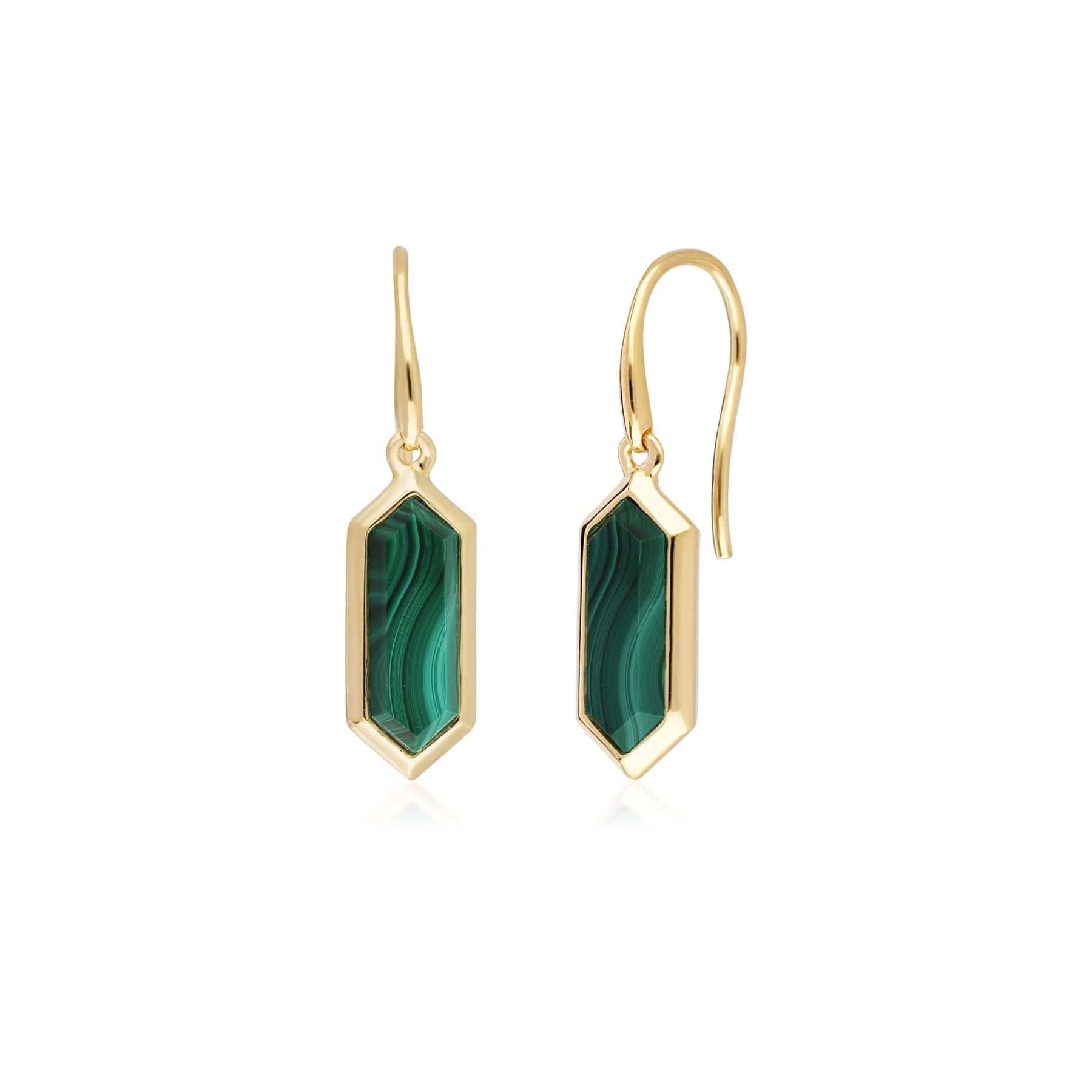 Geometric Hexagon Malachite Drop Earrings in Gold Plated Silver - Gemondo