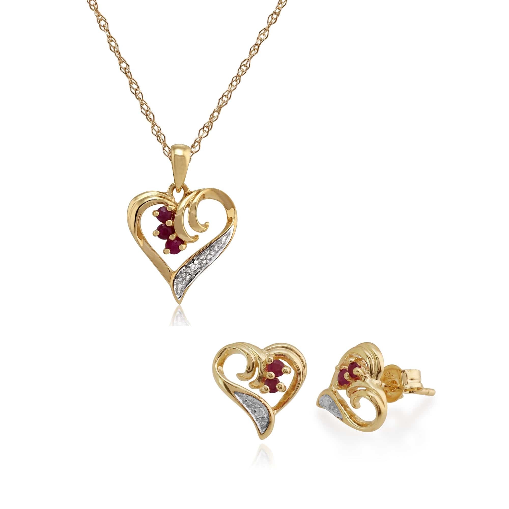 Classic Round Ruby & Diamond Love Heart Stud Earrings & Pendant Set in 9ct Yellow Gold - Gemondo