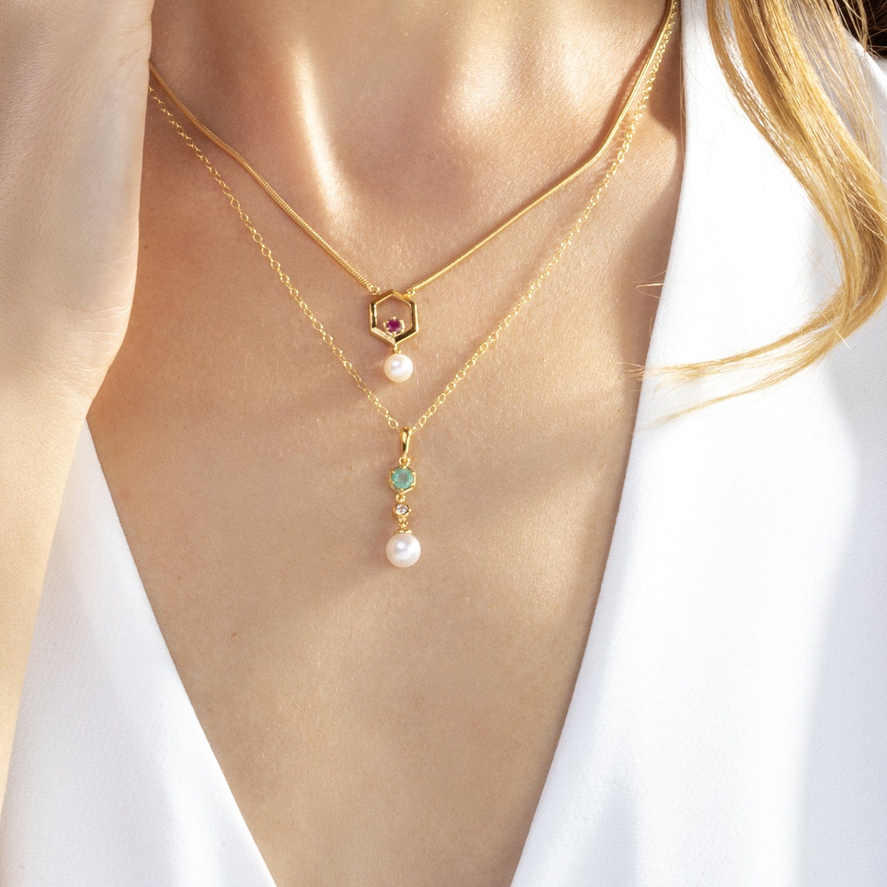Modern Pearl & Ruby Hexagon Drop Necklace in Gold Plated Silver - Gemondo