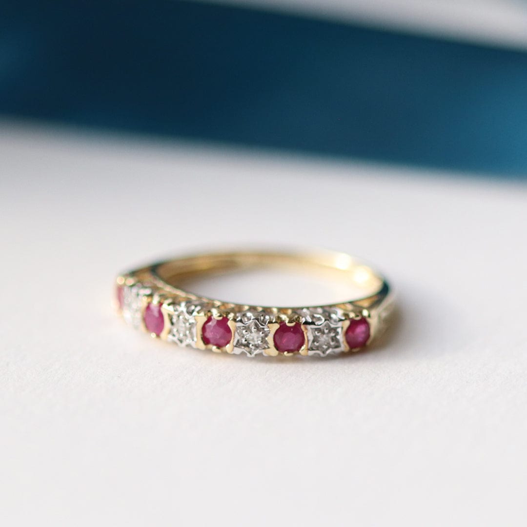 Classic Ruby & Diamond Half Eternity 9ct Yellow Gold  Ring - Gemondo