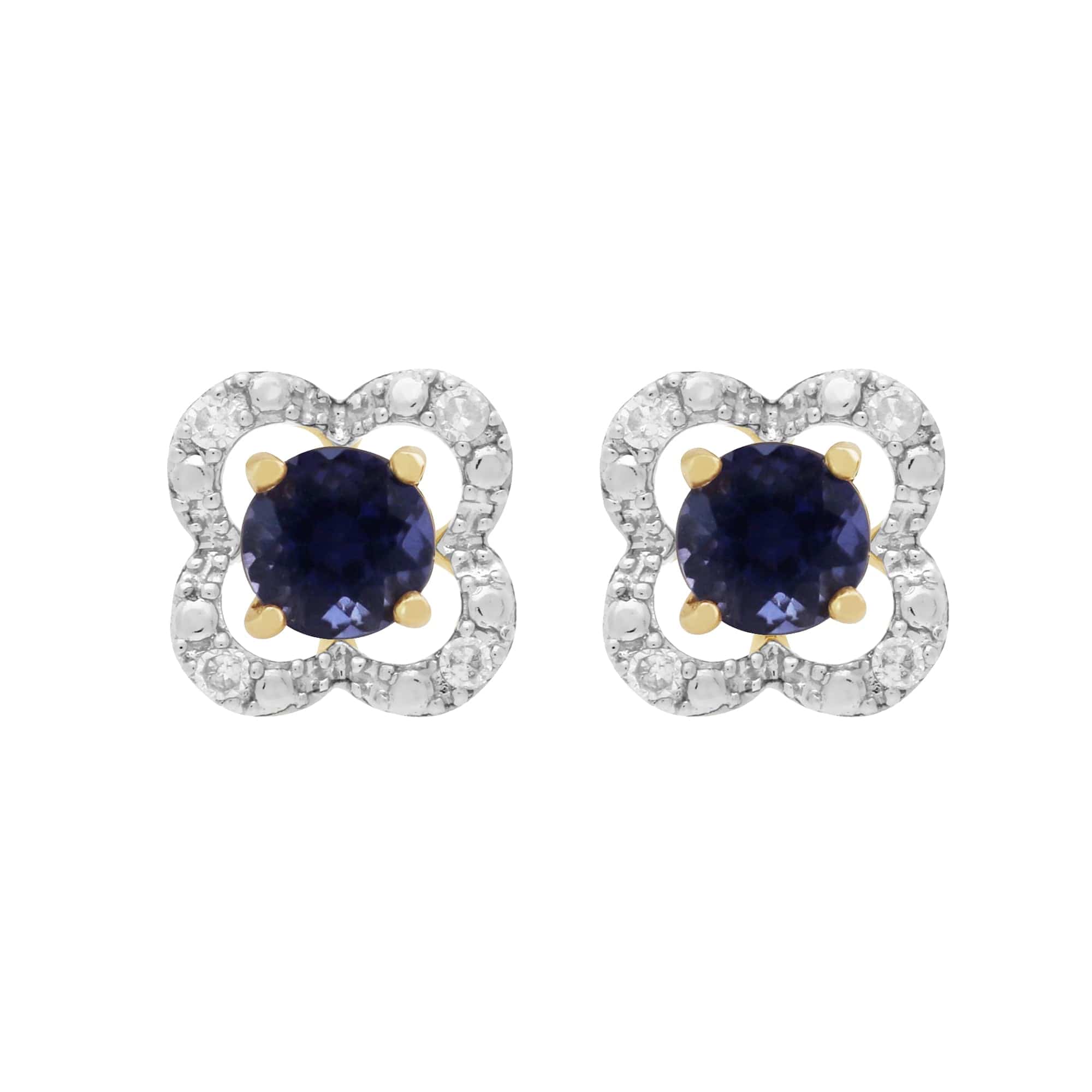 11556-191E0375019 Classic Round Iolite Stud Earrings with Detachable Diamond Floral Ear Jacket in 9ct Yellow Gold 1