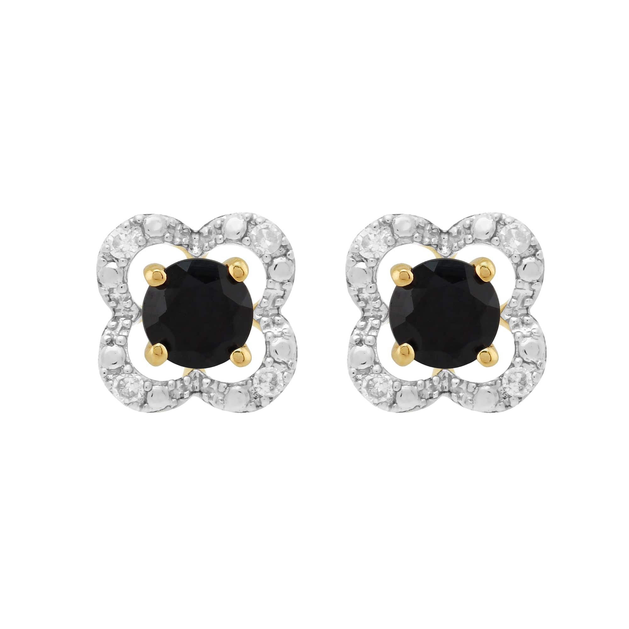 11559-191E0375019 Classic Round Dark Blue Sapphire Studs with Detachable Diamond Floral Ear Jacket in 9ct Yellow Gold 1