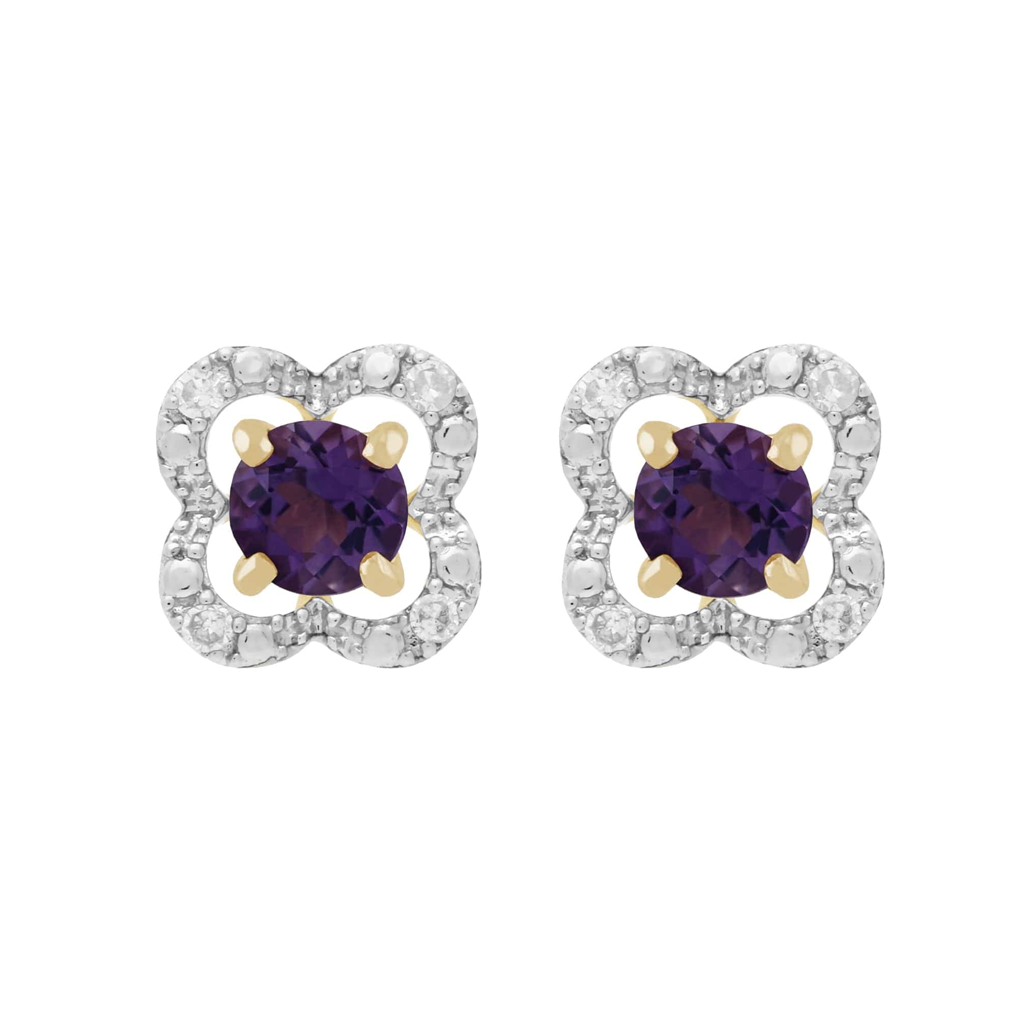 11560-191E0375019 Classic Round Amethyst Stud Earrings with Detachable Diamond Floral Ear Jacket in 9ct Yellow Gold 1