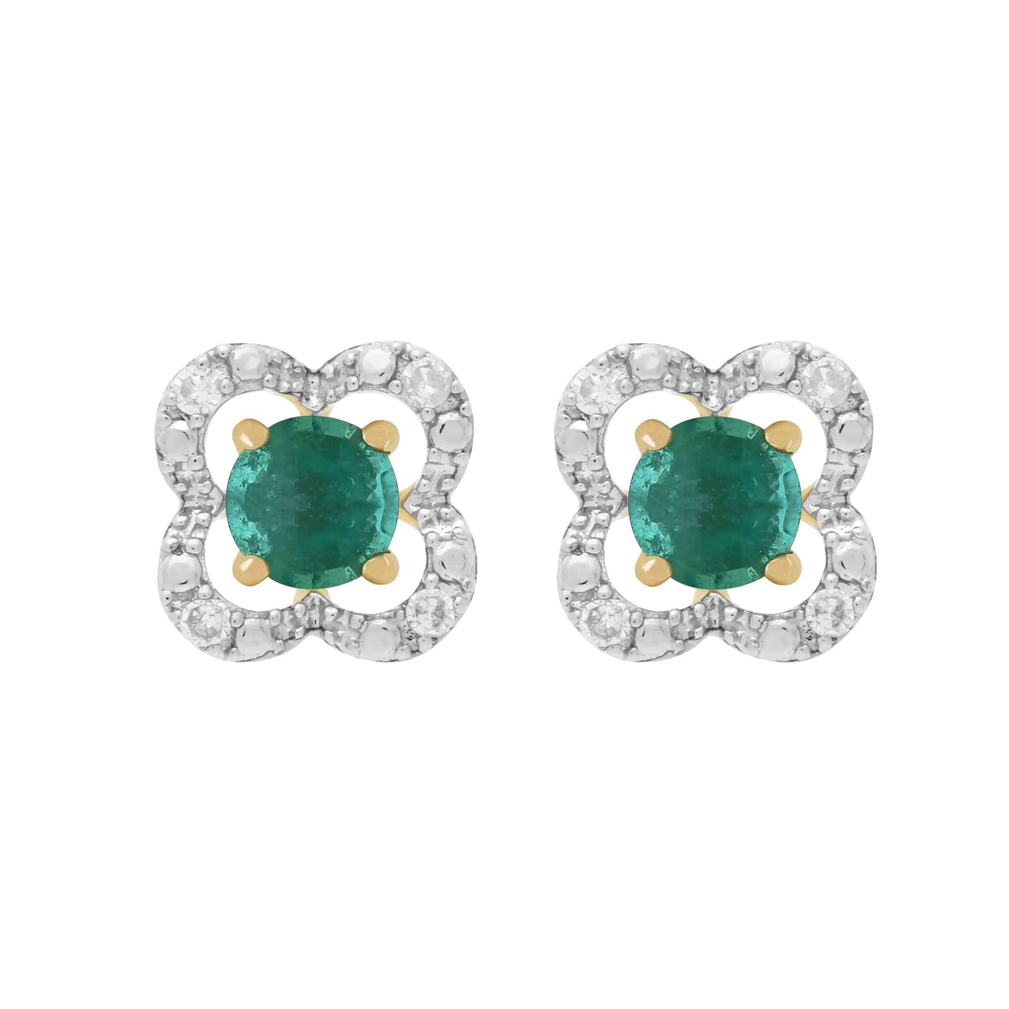 11569-191E0375019 Classic Round Emerald Stud Earrings with Detachable Diamond Floral Ear Jacket in 9ct Yellow Gold 1