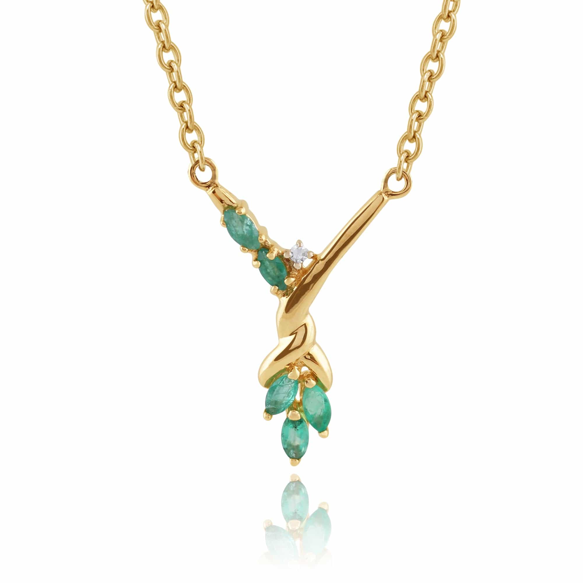 Floral Marquise Emerald & Diamond Necklace in 9ct Yellow Gold - Gemondo