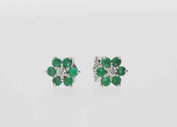 117E0009039 Classic Emerald & Diamond Floral Stud Earrings in 9ct White Gold 3
