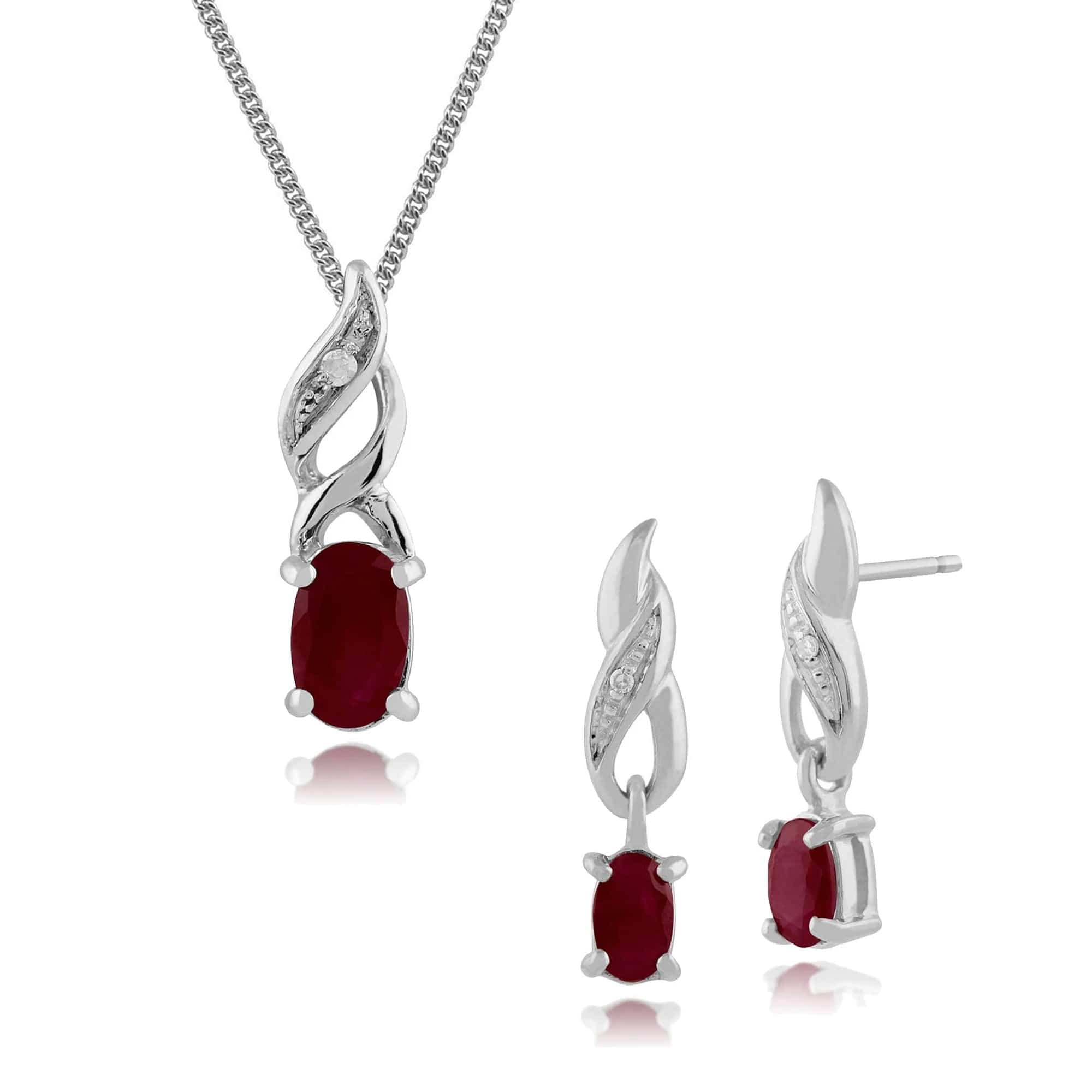 Classic Oval Ruby & Diamond Twist Drop Earrings & Pendant Set in 9ct White Gold - Gemondo