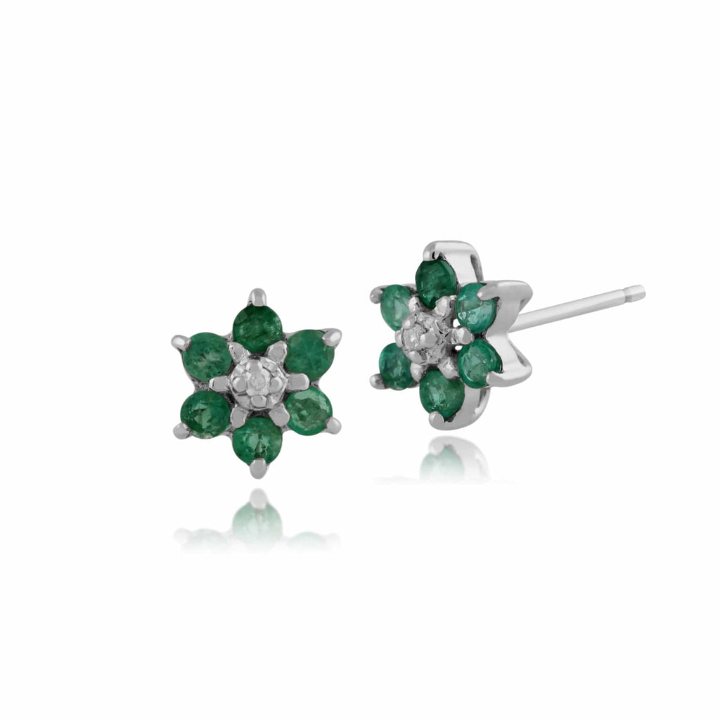 Classic Emerald & Diamond Floral Stud Earrings 9ct White Gold