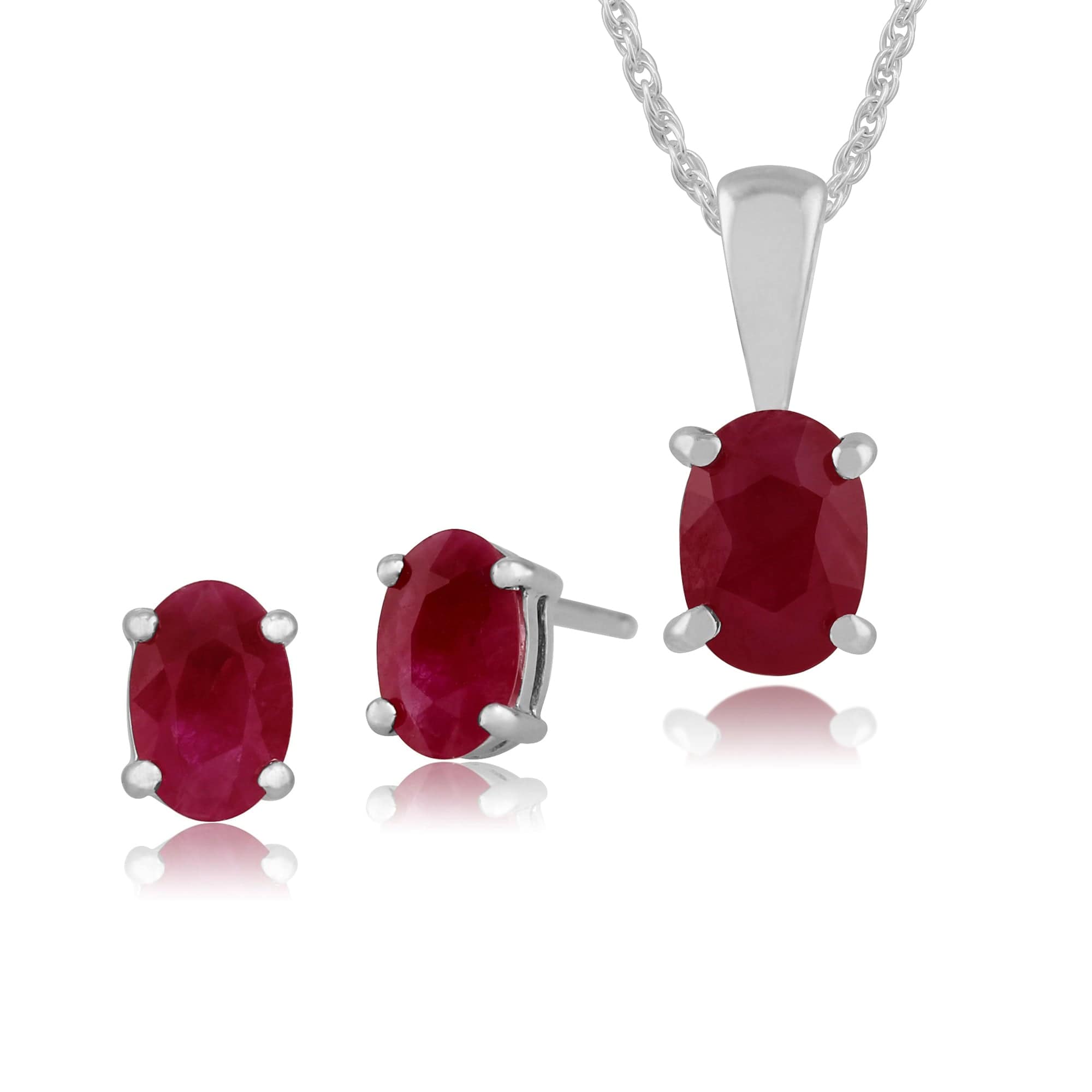 117E0017069-117P0013079 Classic Oval Ruby Single Stone Stud Earrings & Pendant Set in 9ct White Gold 1