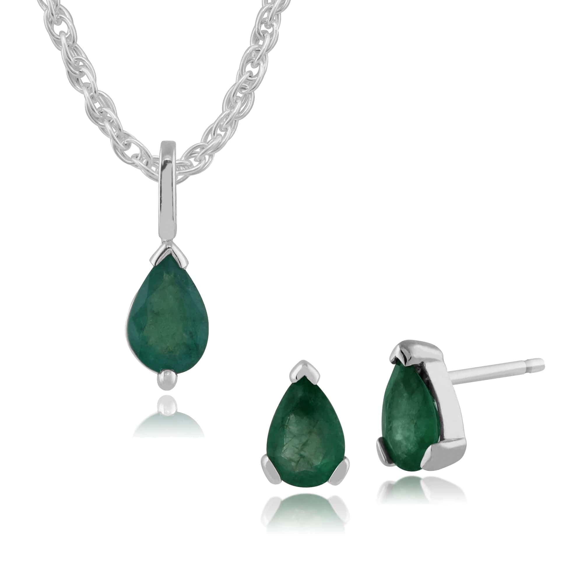 Classic Pear Emerald Single Stone Stud Earrings & Pendant Set in 9ct White Gold - Gemondo