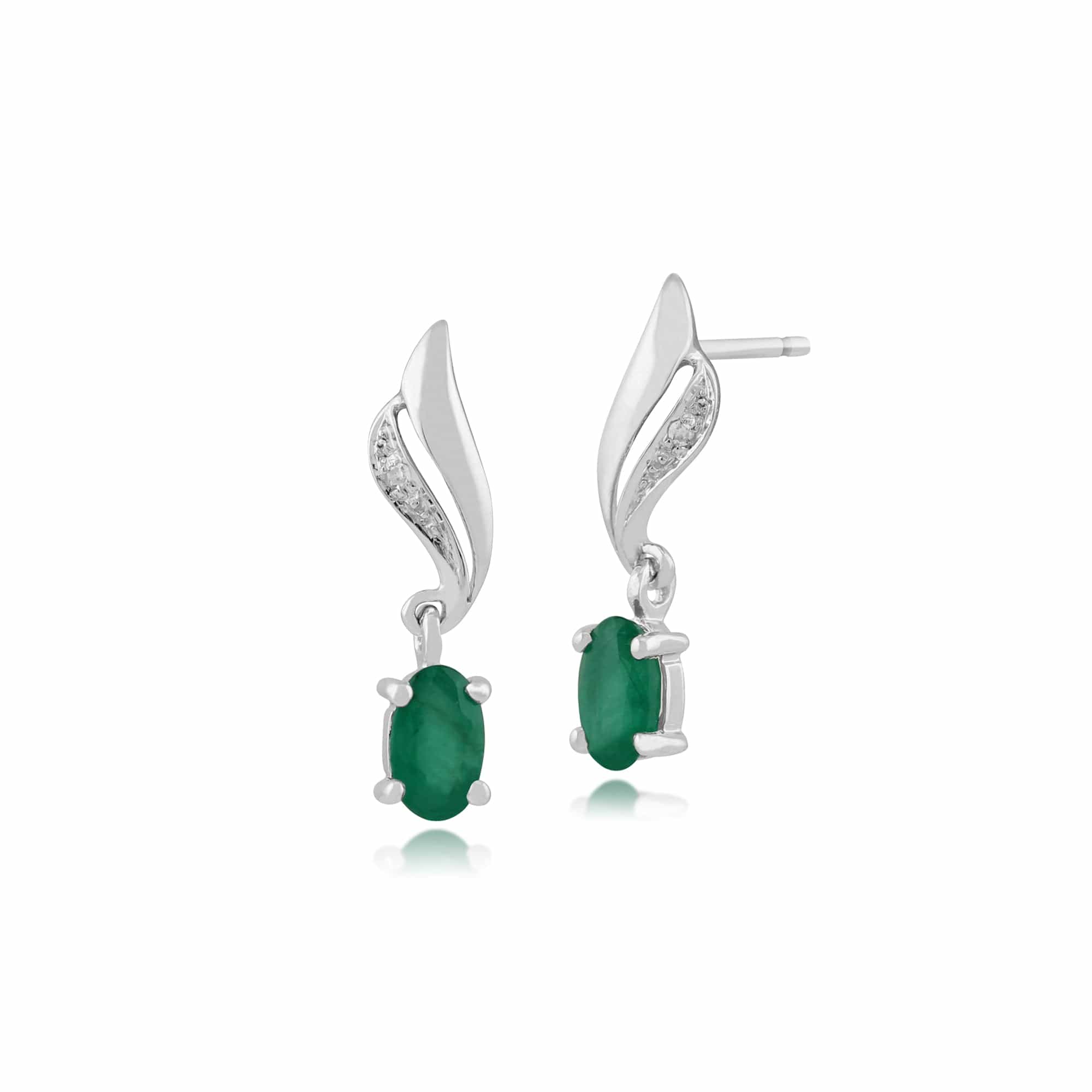 Classic Oval Emerald & Diamond Twist Drop Earrings in 9ct White Gold - Gemondo