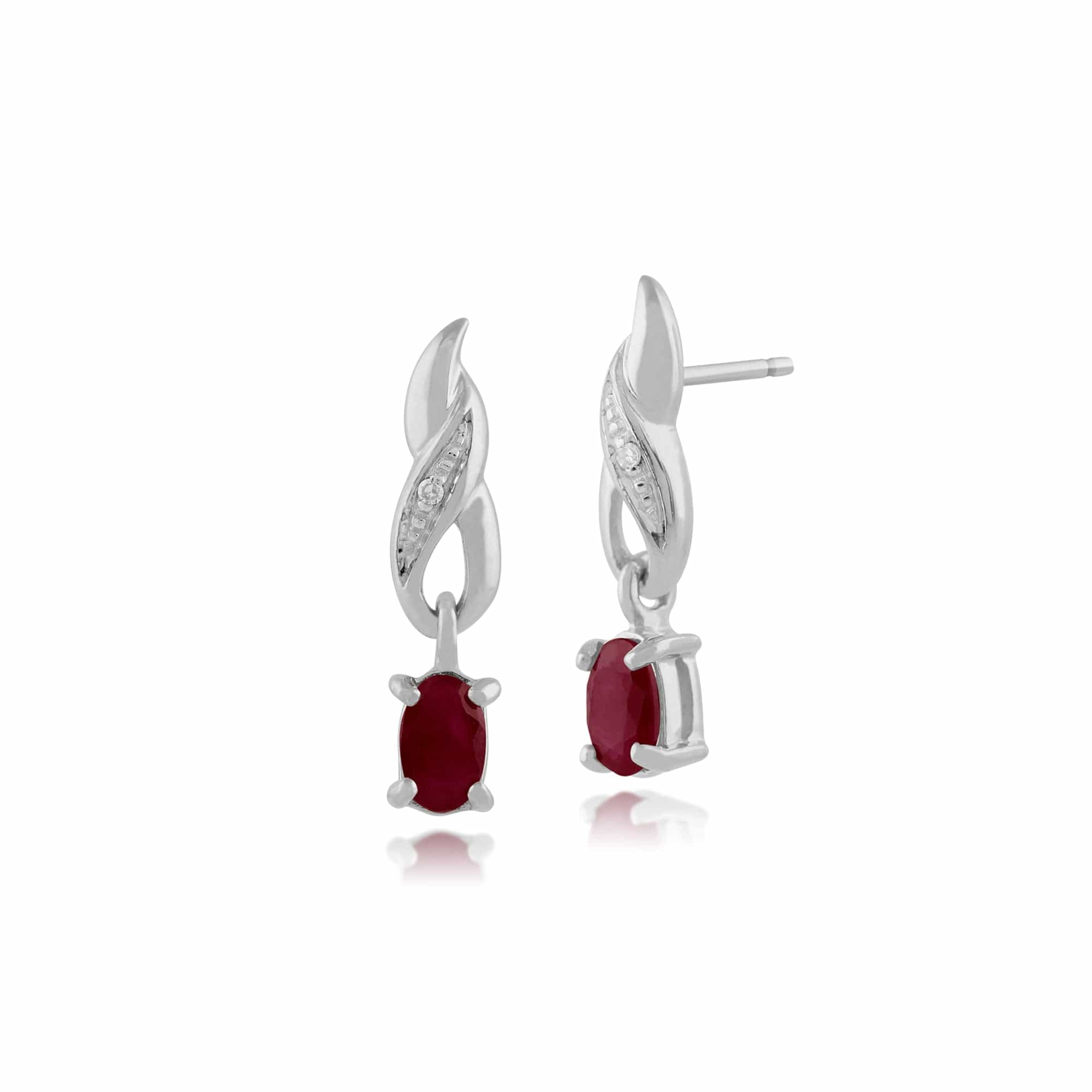 Classic Oval Ruby & Diamond Twist Drop Earrings in 9ct White Gold - Gemondo