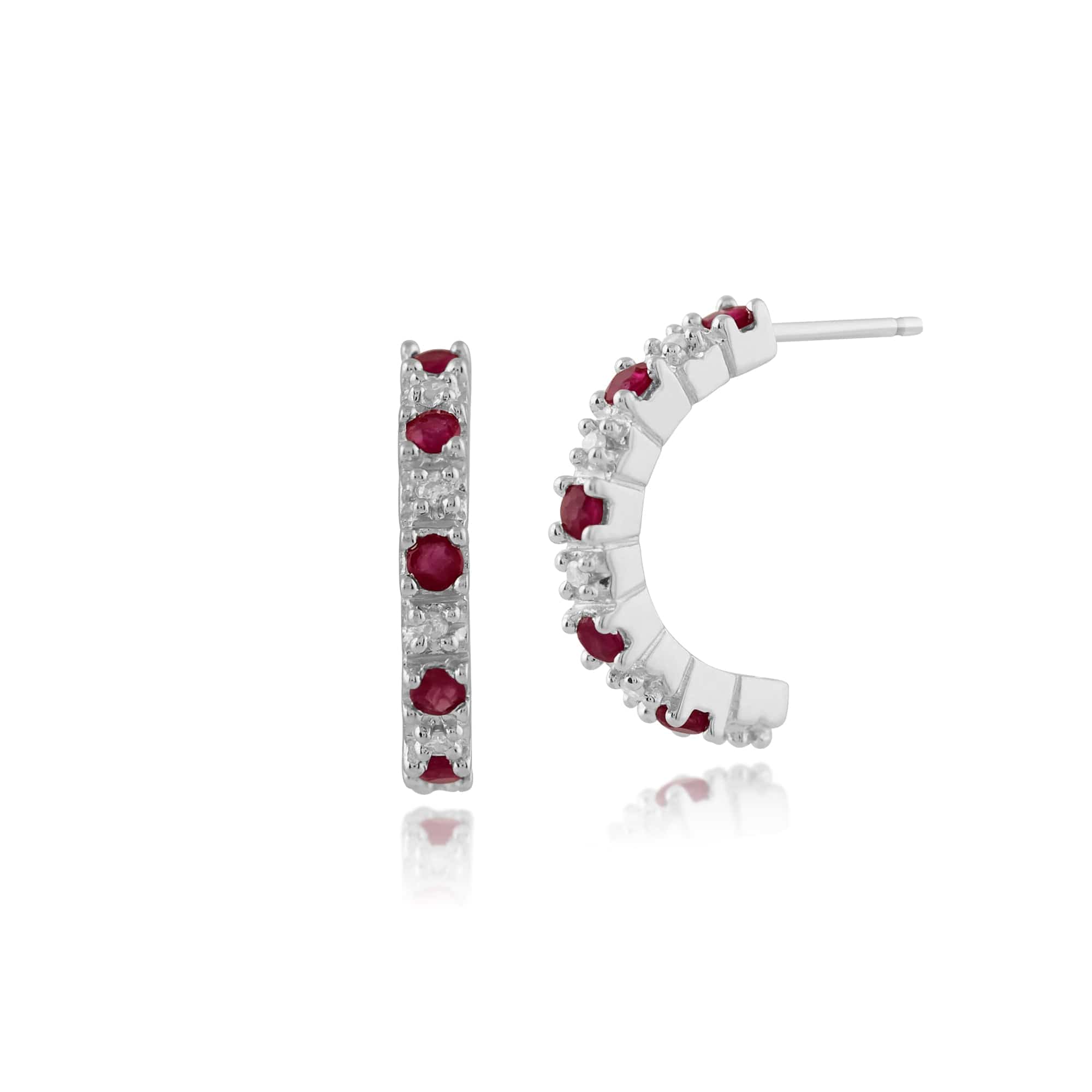 Classic Round Ruby & Diamond Half Hoop Style Earrings in 9ct White Gold - Gemondo