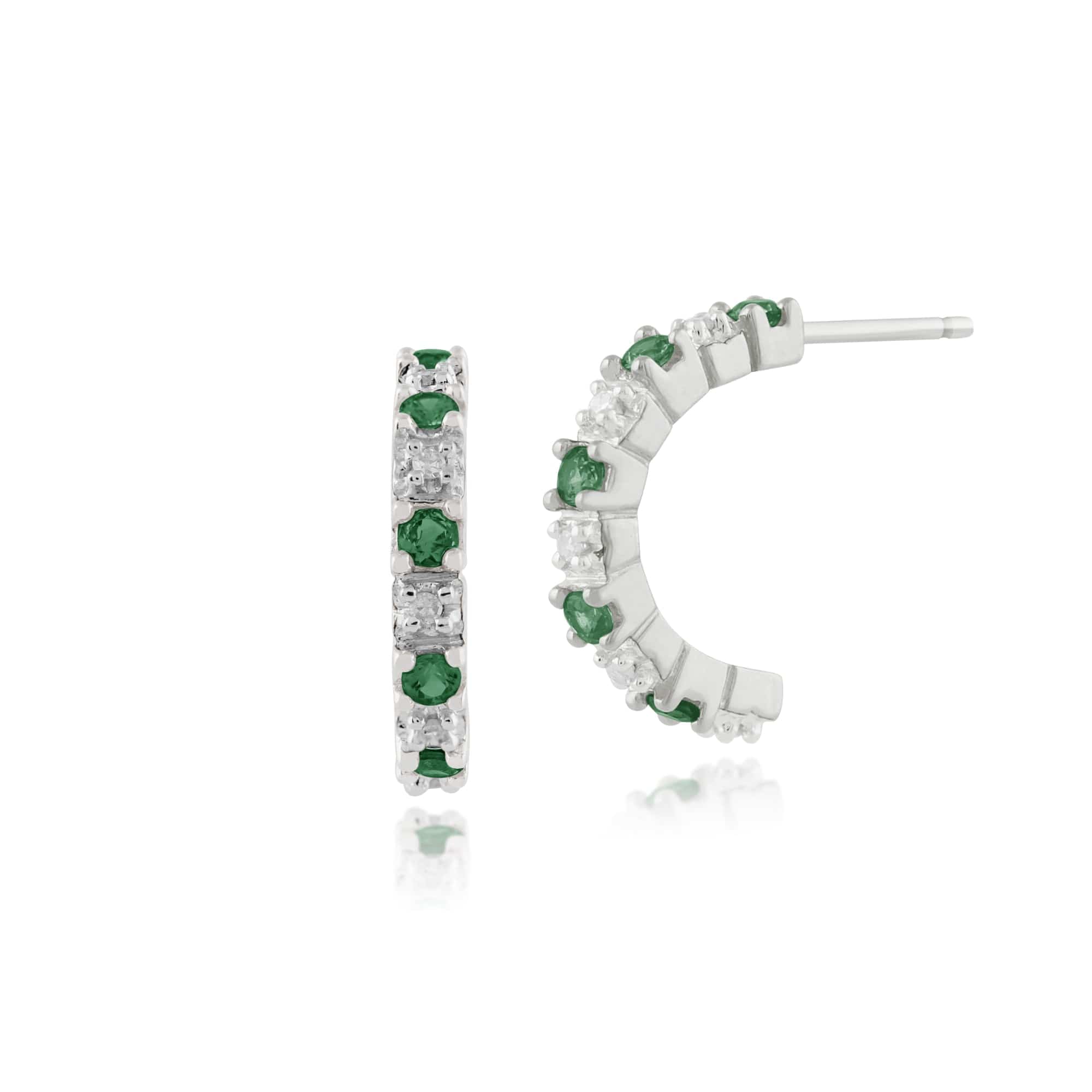 Classic Round Emerald & Diamond Half Hoop Style Earrings in 9ct White Gold - Gemondo