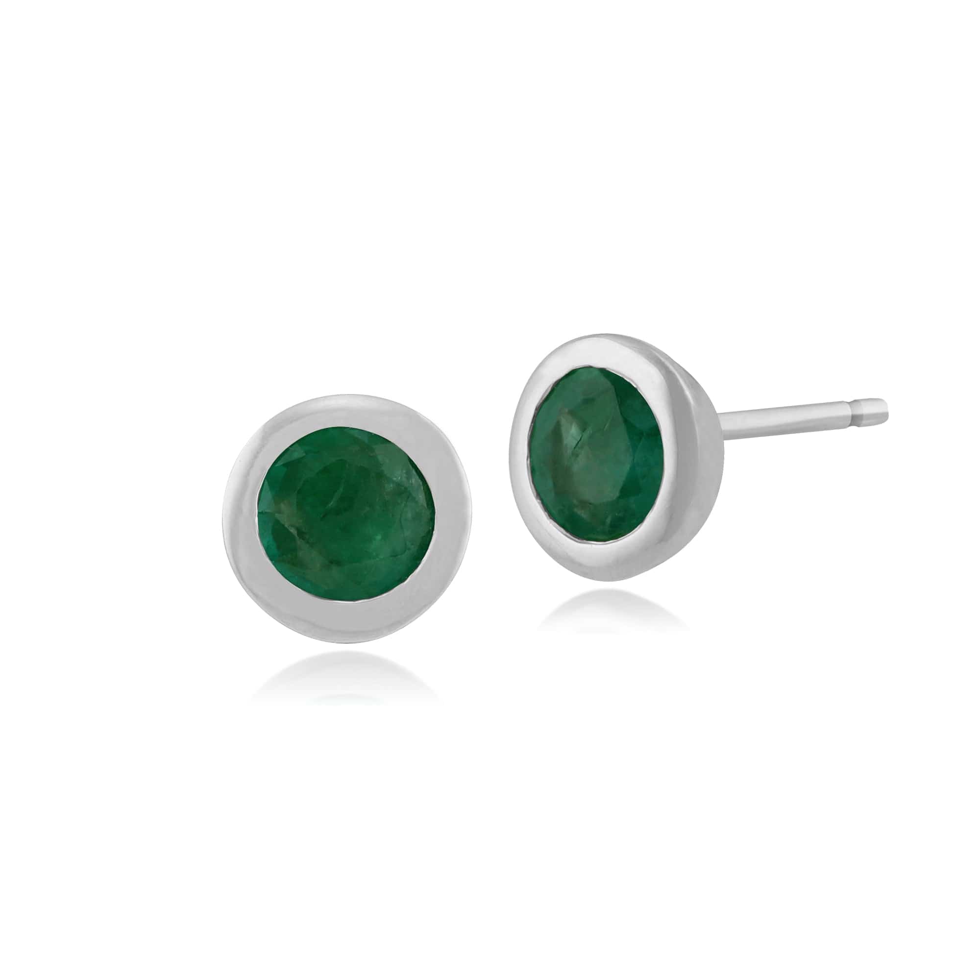 Classic Round Emerald Bezel Set Stud Earrings in 9ct White Gold - Gemondo