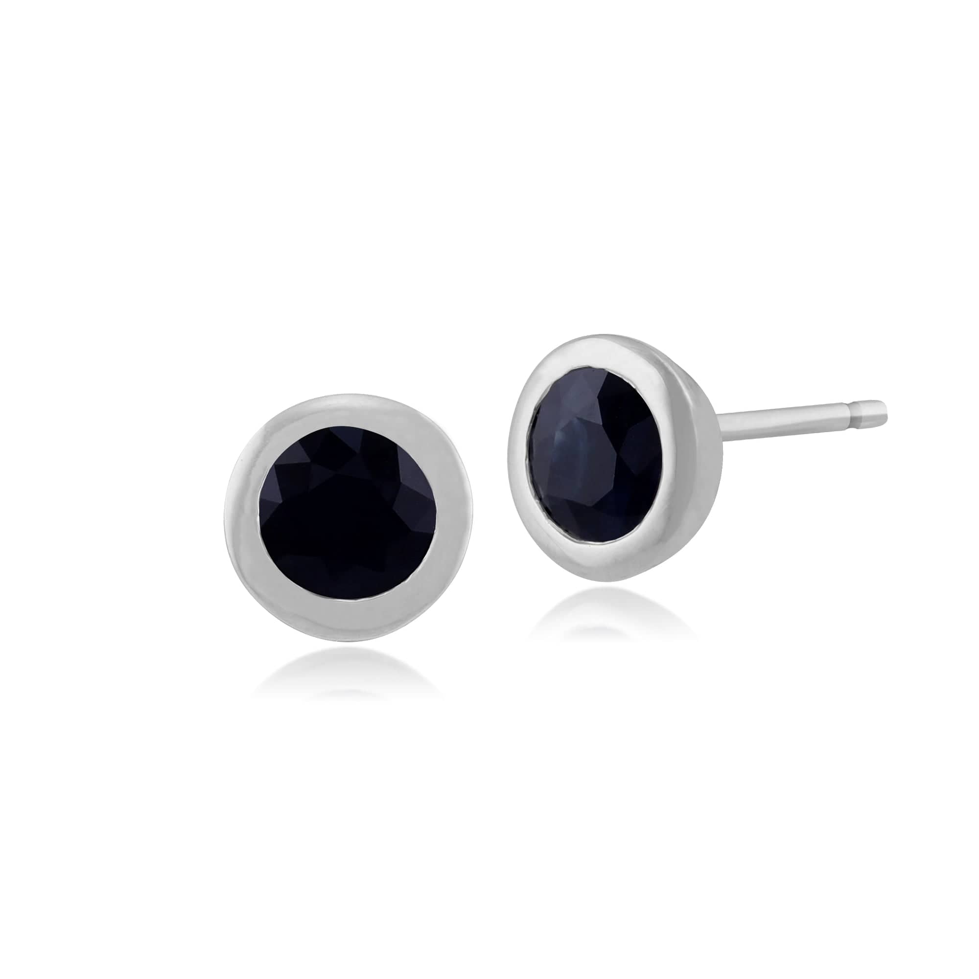 Classic Round Sapphire Bezel Set Stud Earrings in 9ct White Gold - Gemondo