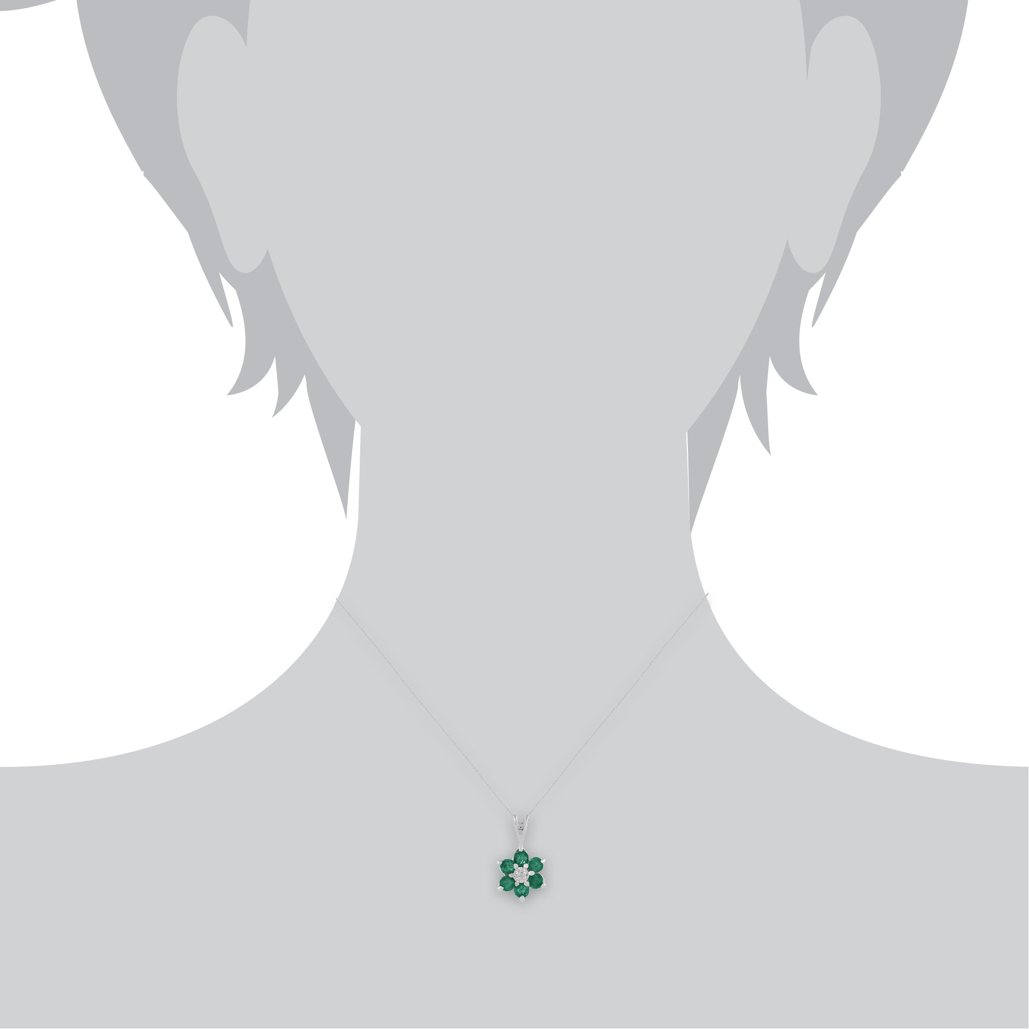 Floral Round Emerald & Diamond Cluster Pendant in 9ct White Gold - Gemondo