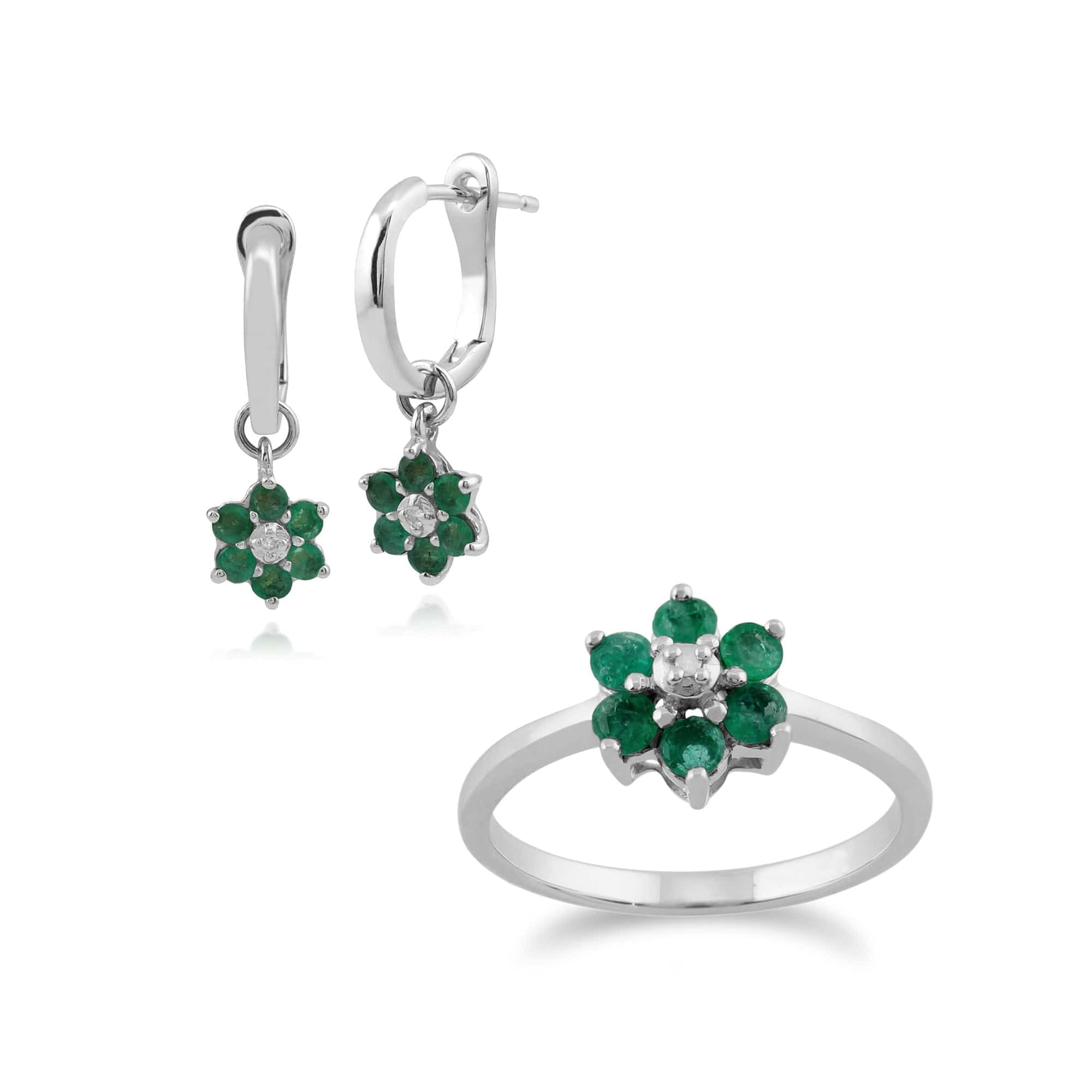 162E023901-117R0051019 Floral Round Emerald & Diamond Drop Earrings & Ring Set in 9ct White Gold 1