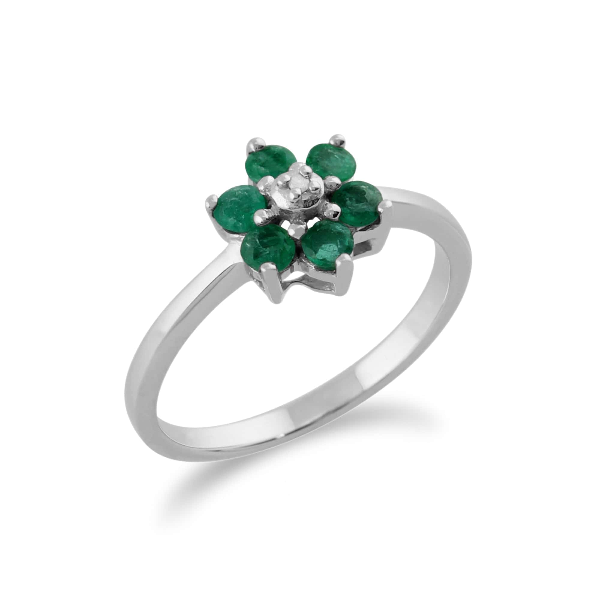 Floral Round Emerald & Diamond Cluster Ring in 9ct White Gold - Gemondo