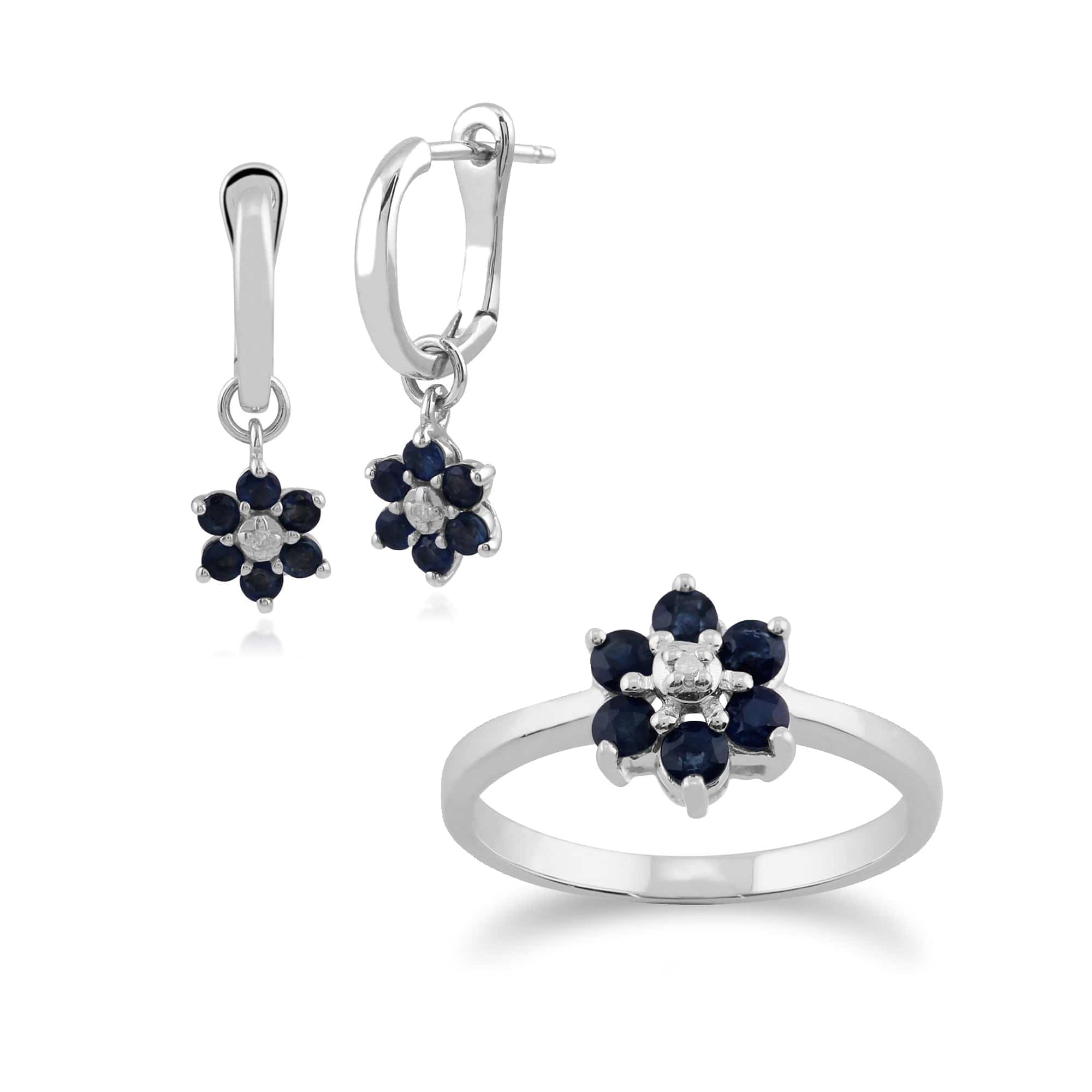 Floral Round Sapphire & Diamond Flower Drop Earrings & Ring Set in 9ct White Gold