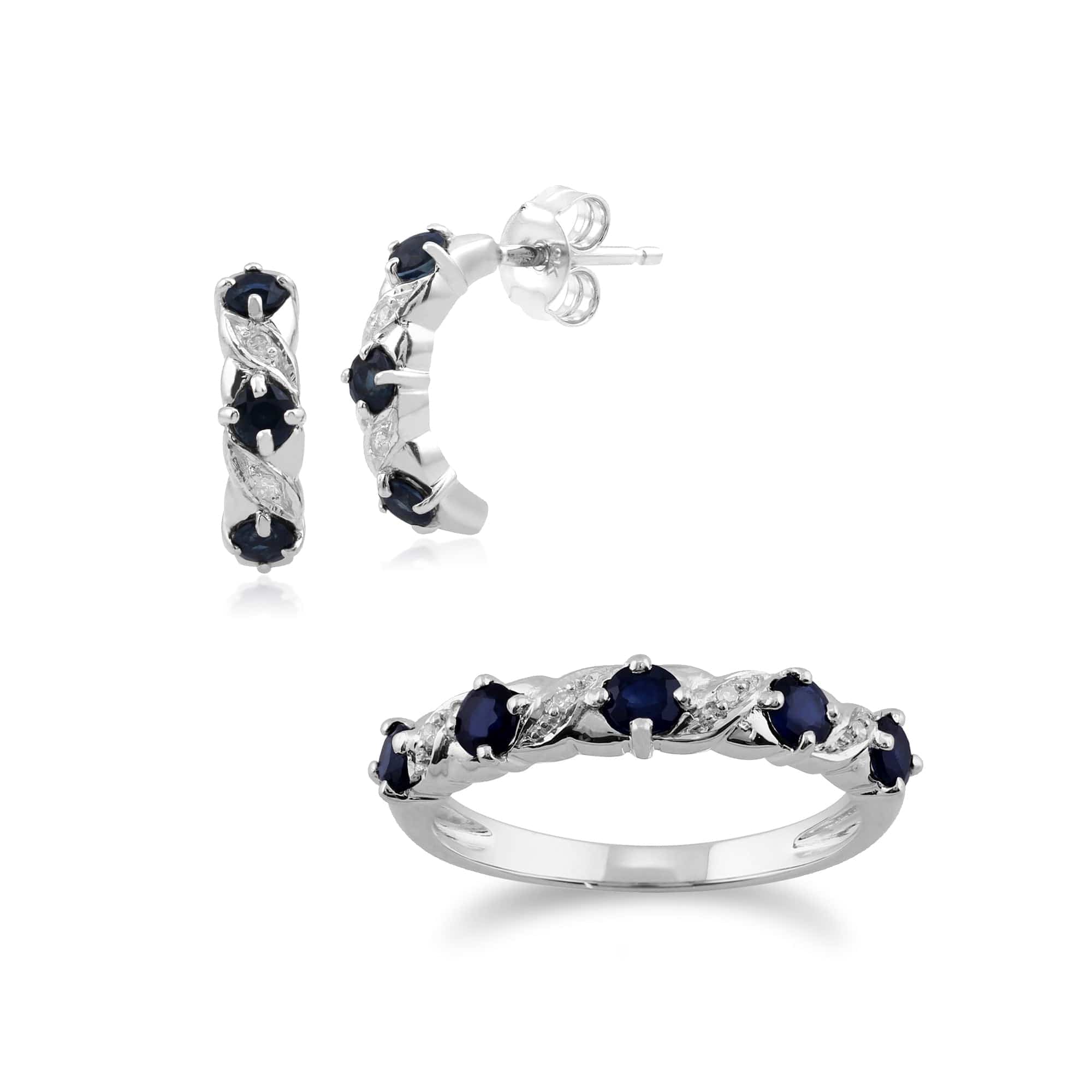 Classic Round Sapphire & Diamond Half Hoop Earrings & Half Eternity Ring Set in 9ct White Gold - Gemondo