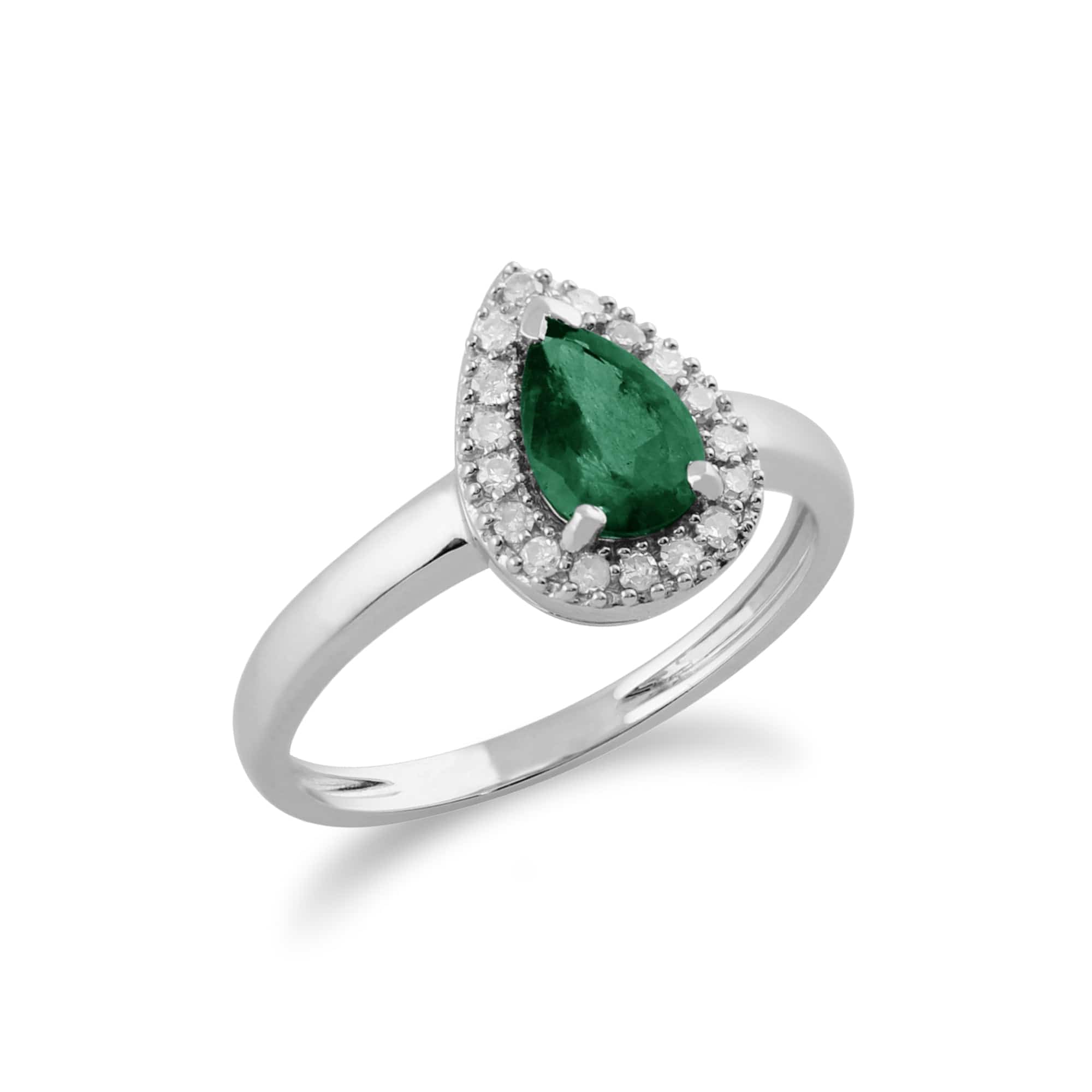 Classic Pear Emerald & Diamond Cluster Ring in 9ct White Gold - Gemondo