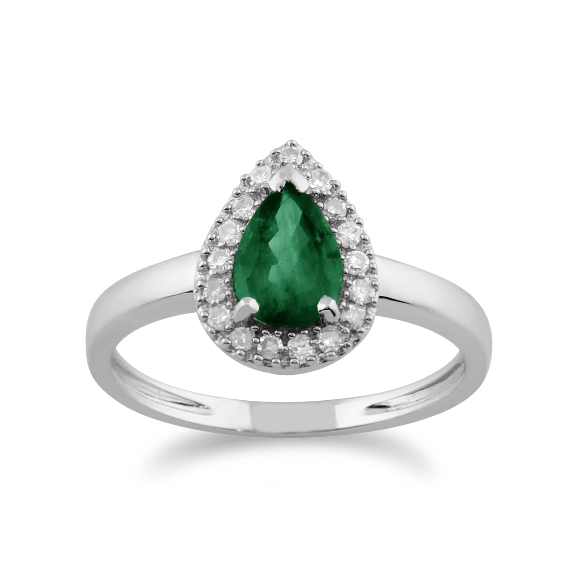 Classic Pear Emerald & Diamond Cluster Ring in 9ct White Gold - Gemondo