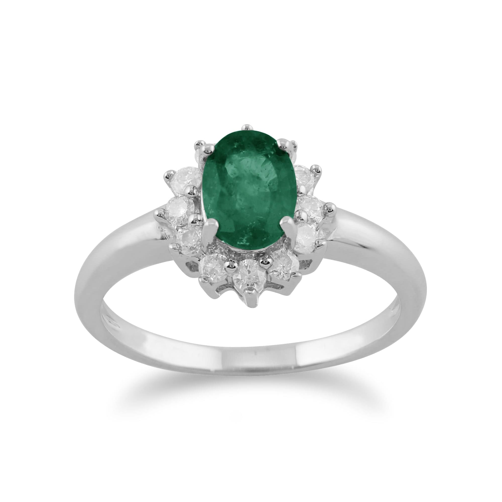 Classic Oval Emerald & Diamond Cluster Ring in 9ct White Gold