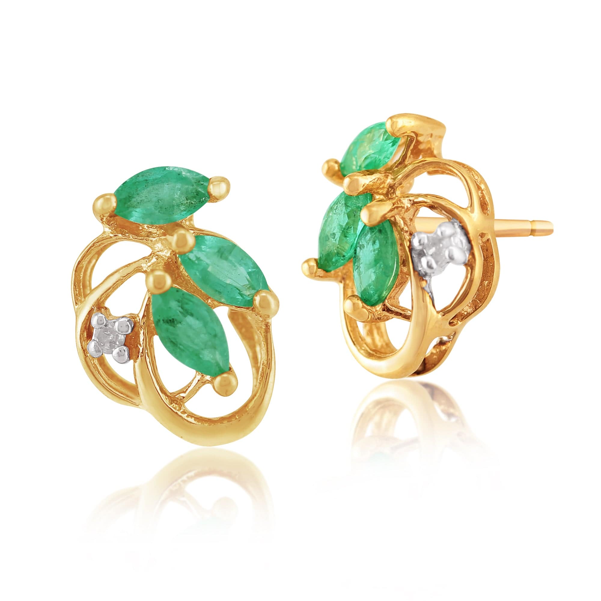 Floral Marquise Emerald & Diamond Stud Earrings in 9ct Yellow Gold