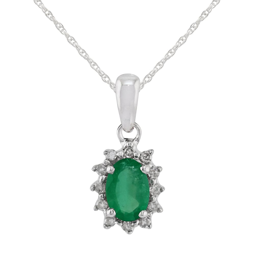 Classic Oval Emerald & Diamond Cluster Pendant in 9ct White Gold - Gemondo