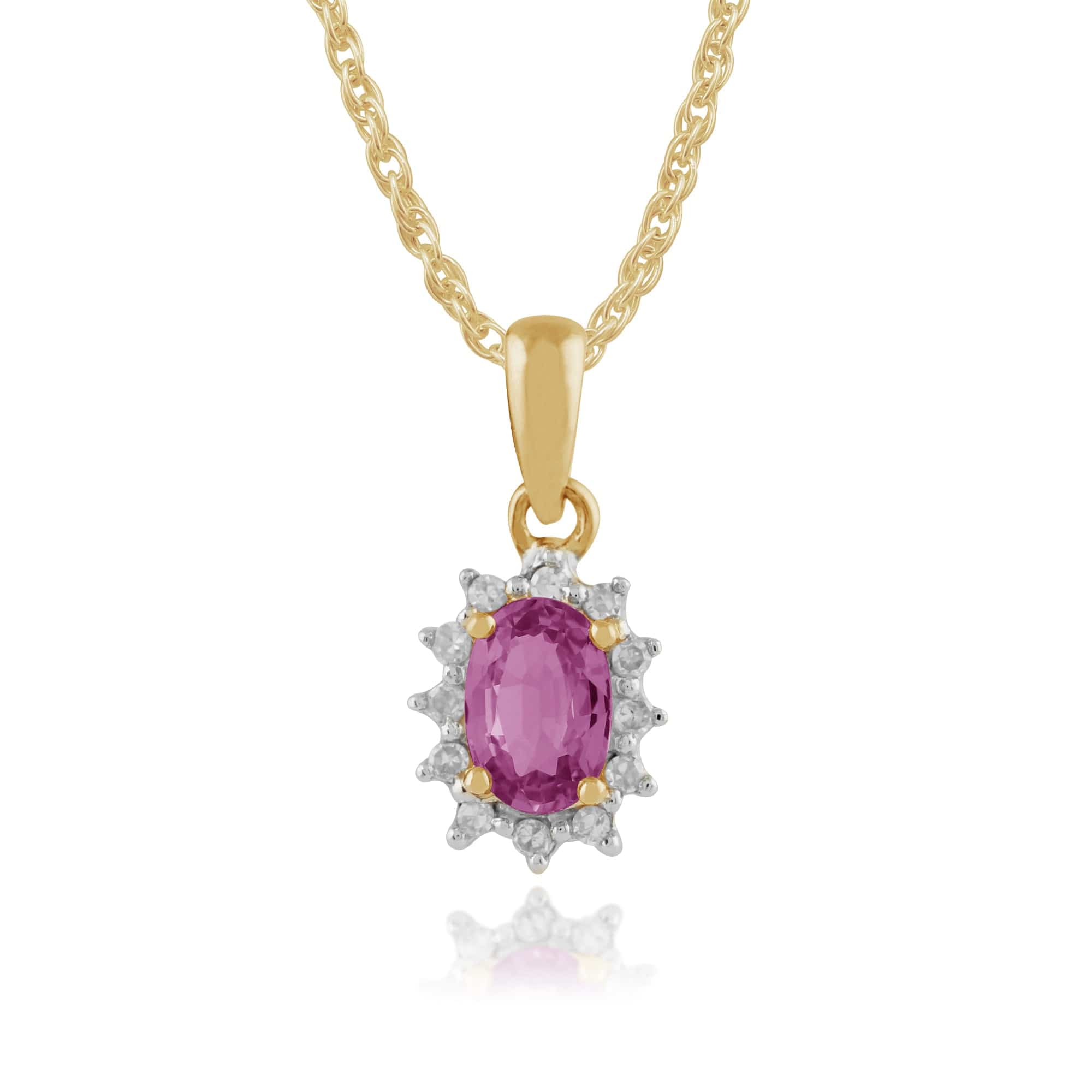 Classic Oval Pink Sapphire & Diamond Cluster Pendant in 9ct Yellow Gold - Gemondo