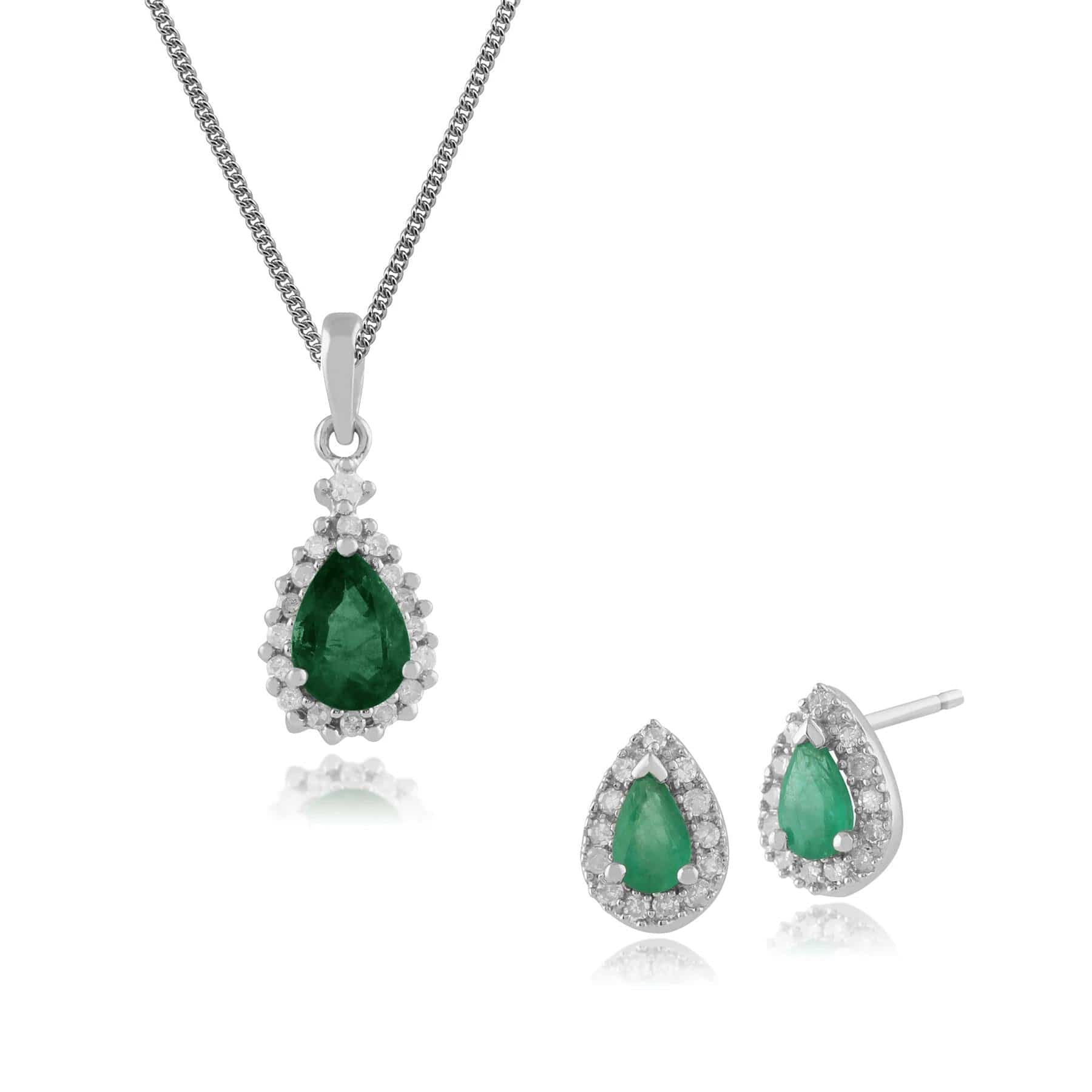 123E0693039-135P0565079 Classic Pear Emerald & Diamond Halo Stud Earrings & Pendant Set in 9ct White Gold 1