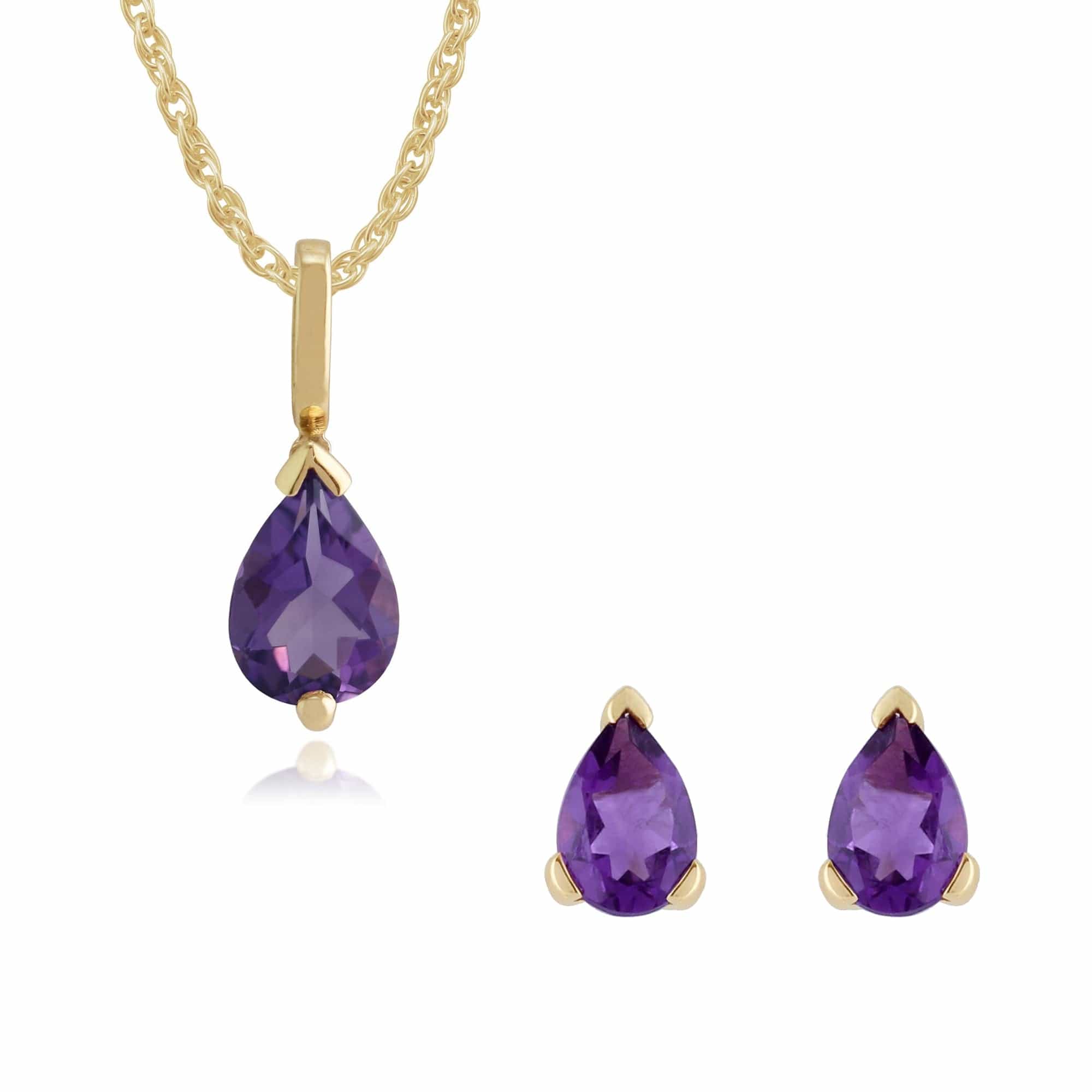 22449-22732 Classic Pear Amethyst Single Stone Stud Earrings & Pendant Set in 9ct Yellow Gold 1