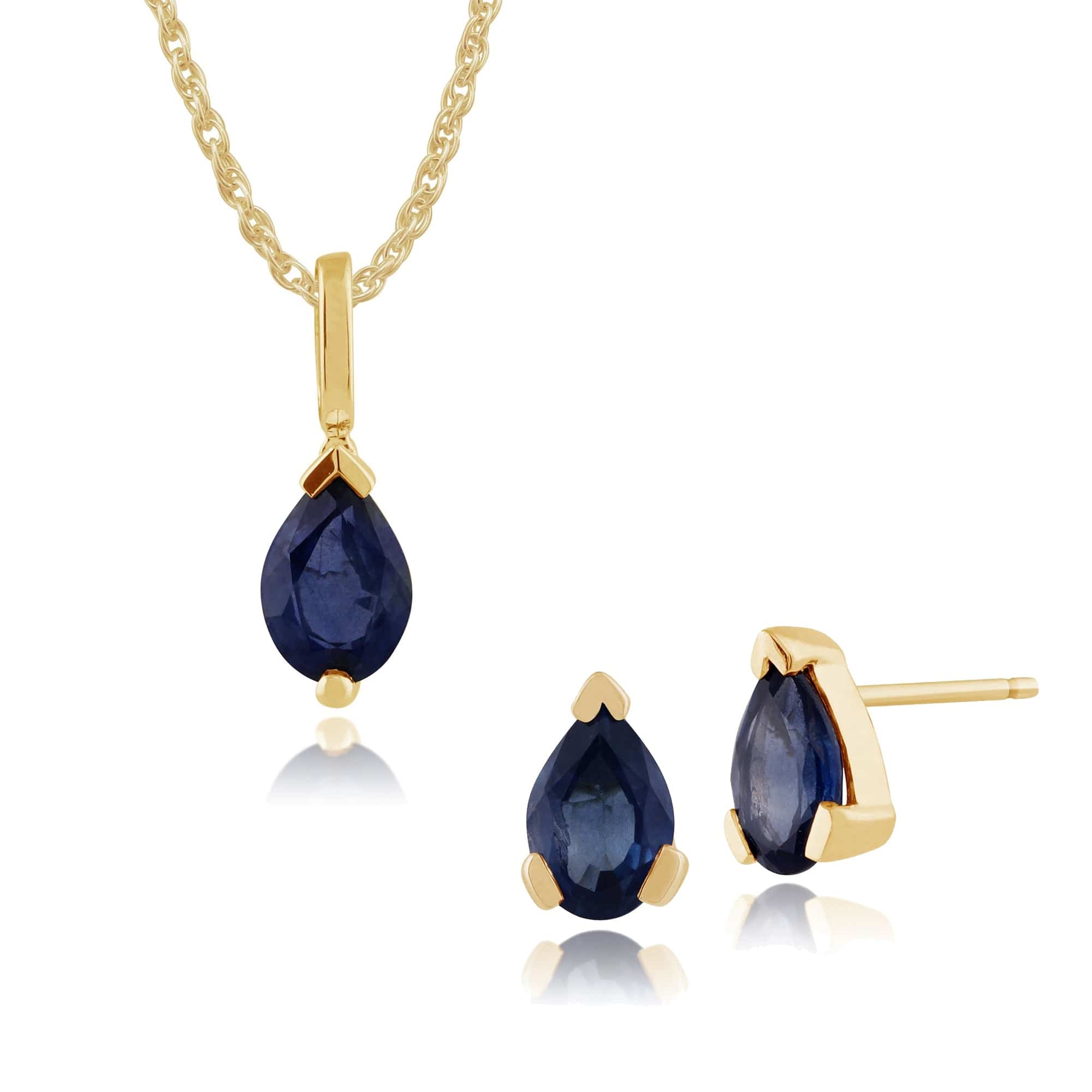 123E0606189-123P0117259 Classic Pear Sapphire Single Stone Stud Earrings & Pendant Set in 9ct Yellow Gold 1