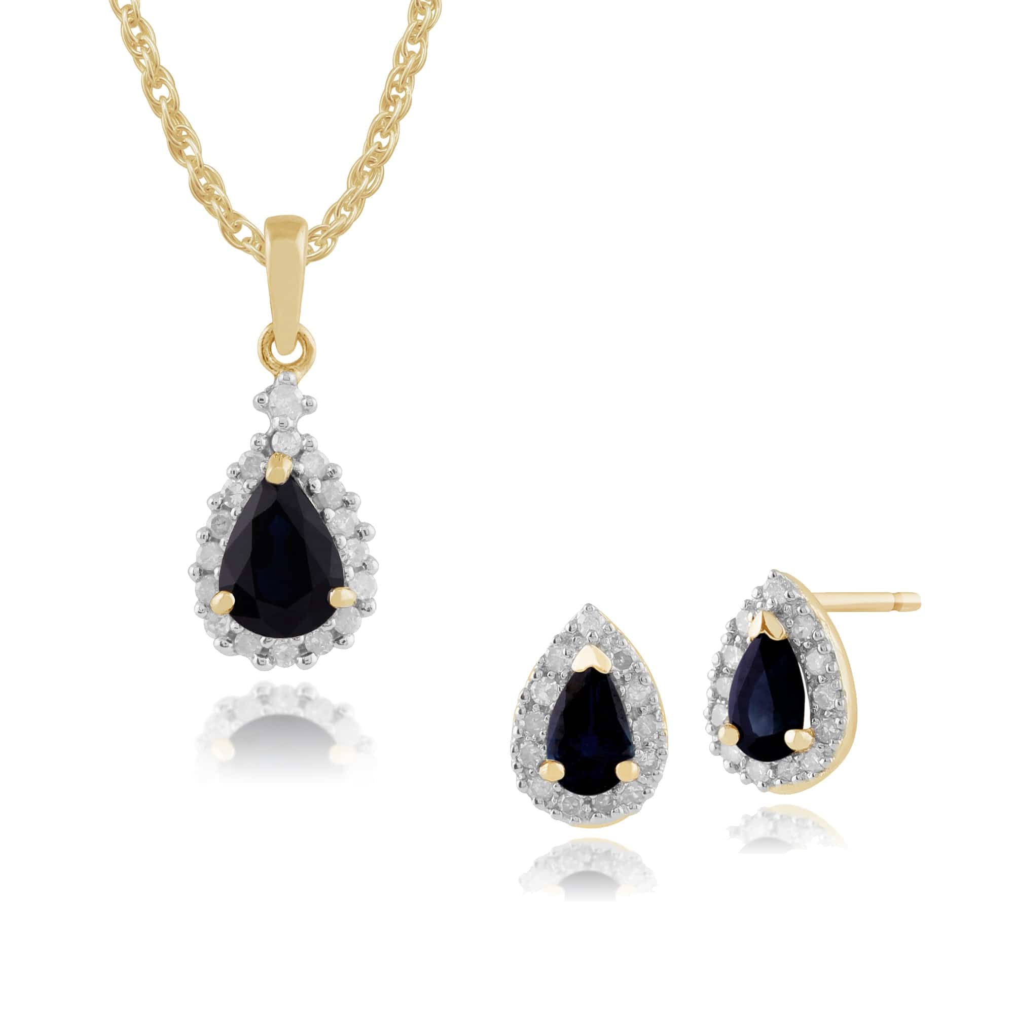 24219-135P1404019 Classic Pear Sapphire & Diamond Halo Pendant Stud Earrings & Pendant Set in 9ct Yellow Gold 1