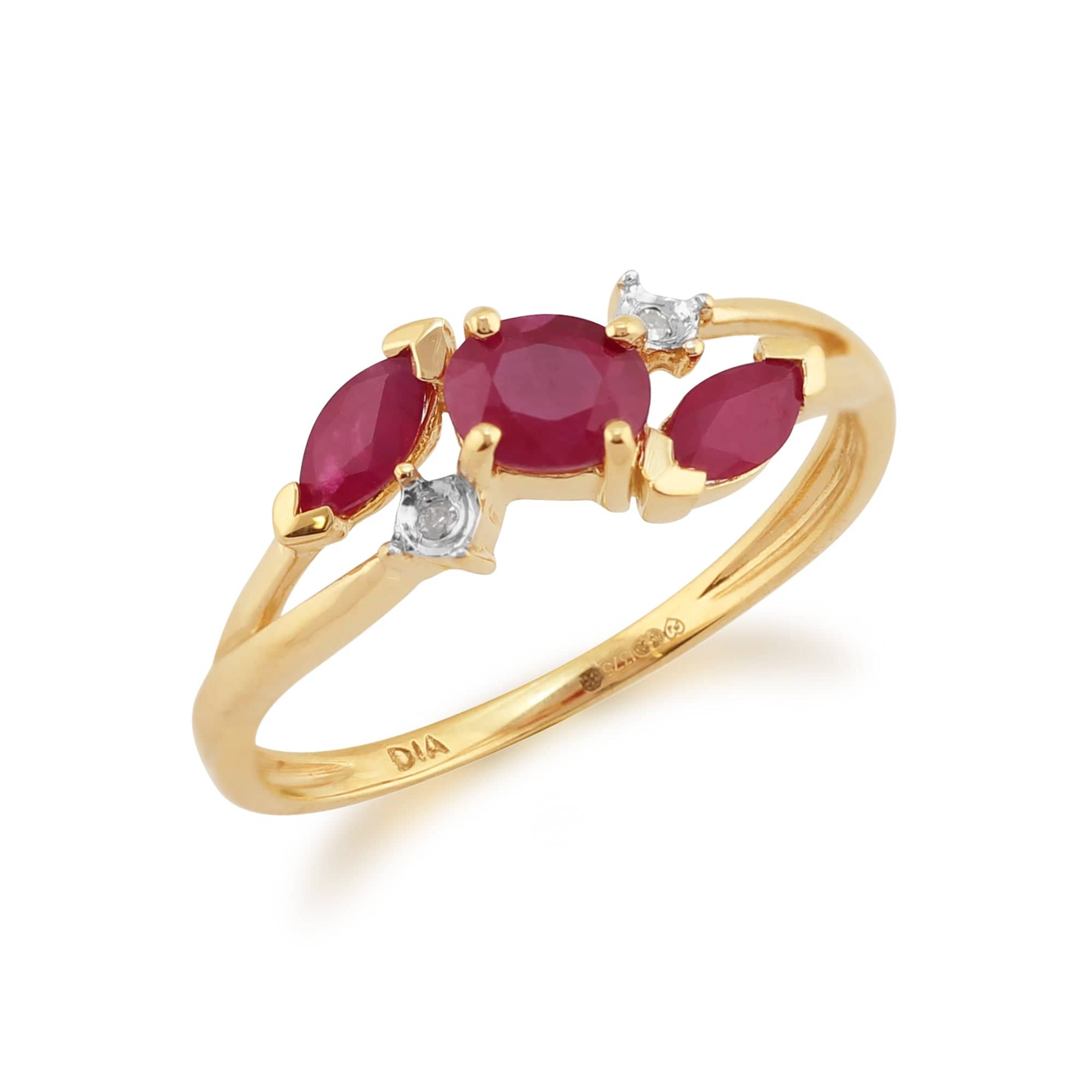 22607 Contemporary Marquise Ruby & Diamond Three Stone Ring in 9ct Yellow Gold 2